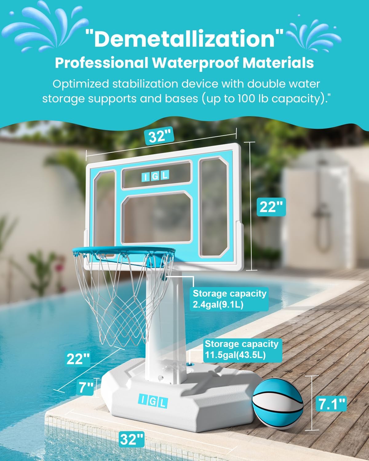 IGL Pool Basketball Hoop Outdoor, Outdoor Poolside Basketball Hoop, Base & Stand Double Water Storage with 2 Ball & Inflator, Stainless Steel Basketball Rim, Fixed Height (32in Backboard)