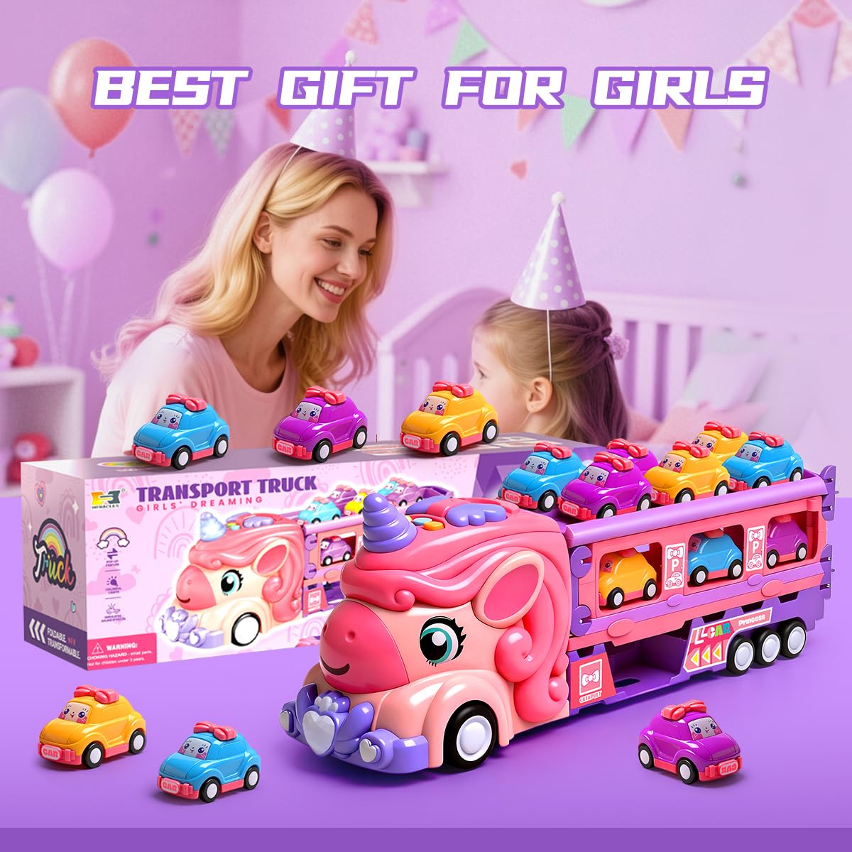 Unicorn Car Toys for Age 3 4 5 6 Year Old Toddler Girl, Foldable Track & 2 Player Race Mode Game, Light & Sound Push Transport Carrier Truck W/ 9 Princess Toy Cars, Birthday Gift for Girls Age 4-6