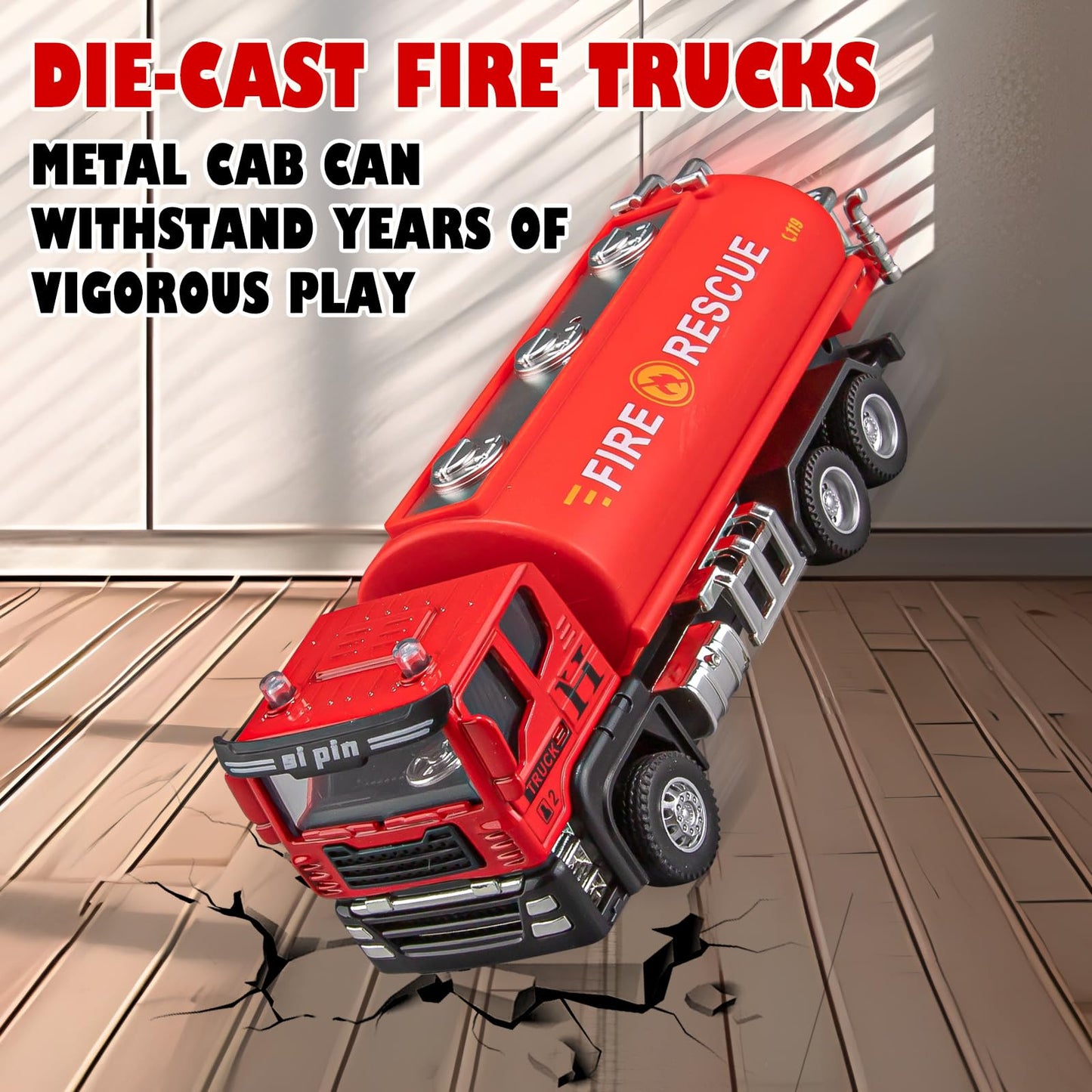 TAKGUD 4 Packs Metal Fire Trucks Playsets, Mini Friction Powered Vehicle, Including Fire Engine, Ladder Truck, Die-cast Tank, Tow, Realistic Design for Toddlers Boys, Kids Aged 3+ Years Old