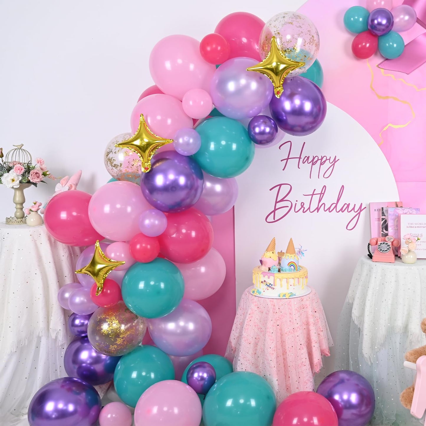 HILAVO Pink Purple Blue Balloon Arch Kit Teal Hot Pink Metallic Purple Party Latex Balloon Garland with Confetti and Star Foil Balloons for Girls Princess Birthday Baby Shower Neon Party Decorations