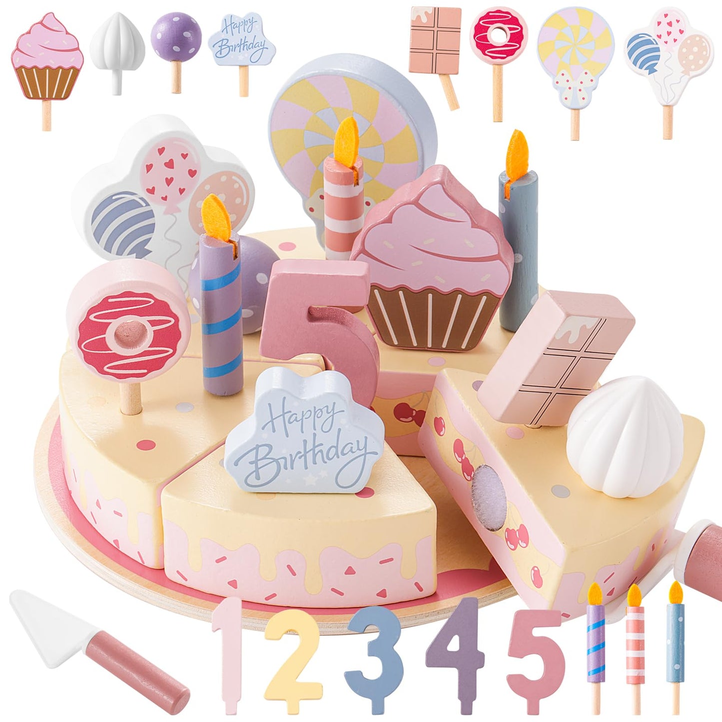 ZRUNBO Birthday Party Cake Toys, Wooden Play Food Set for Kids Toddlers, Play Kitchen Toys for Boys Girls, Educational Toys