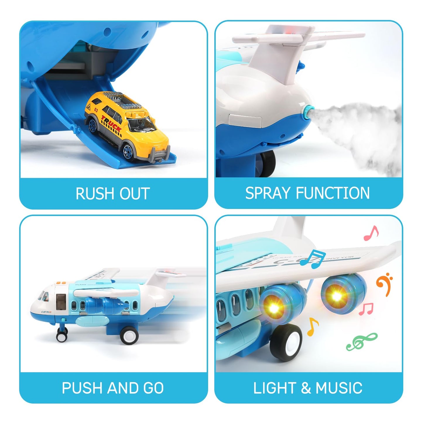 CUTE STONE Toy Airplane with Smoke, Lights & Sounds, Friction Powered Plane Toy with Mini Cars for Kids, Great Christ Gift for Boys and Girls