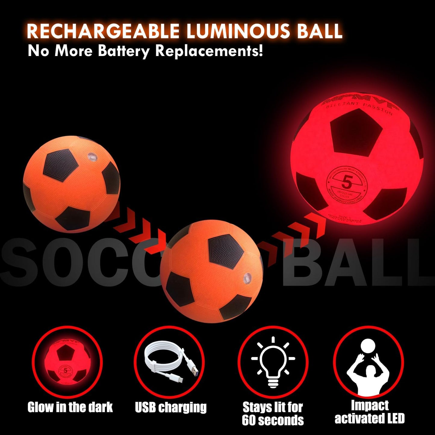 HITEGY Glow in the Dark Soccer Ball - Water-Resistant, Official Size 5, Light Up with Every Kick, Includes Pump, Manual & Extra Batteries - Perfect Soccer Gifts for Kids and Teen Boys (Orange)