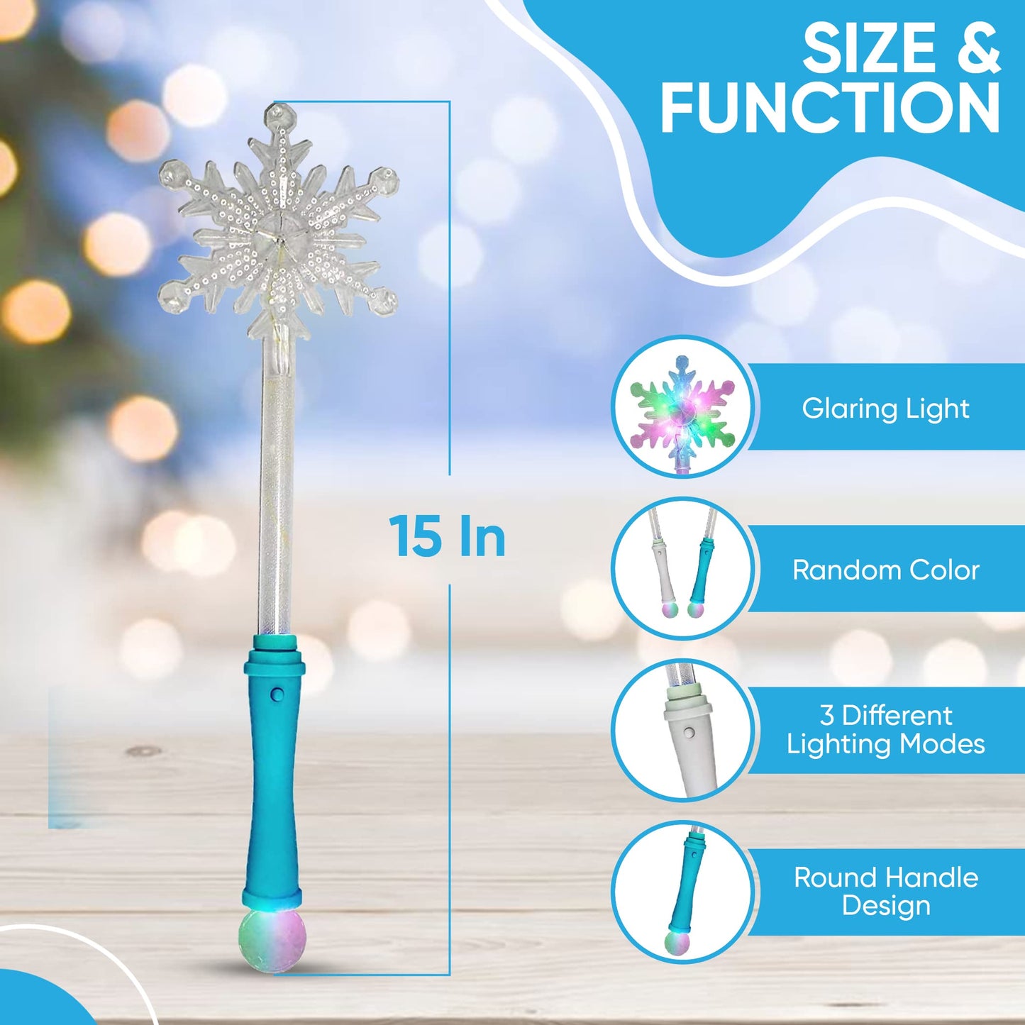 SENSORY4U Frozen Snowflake LED Light Up Wand Toy for Kids - 2 Pack, Magical Princess Costume Accessory, Perfect for Party Favors, Holiday & Birthday Events
