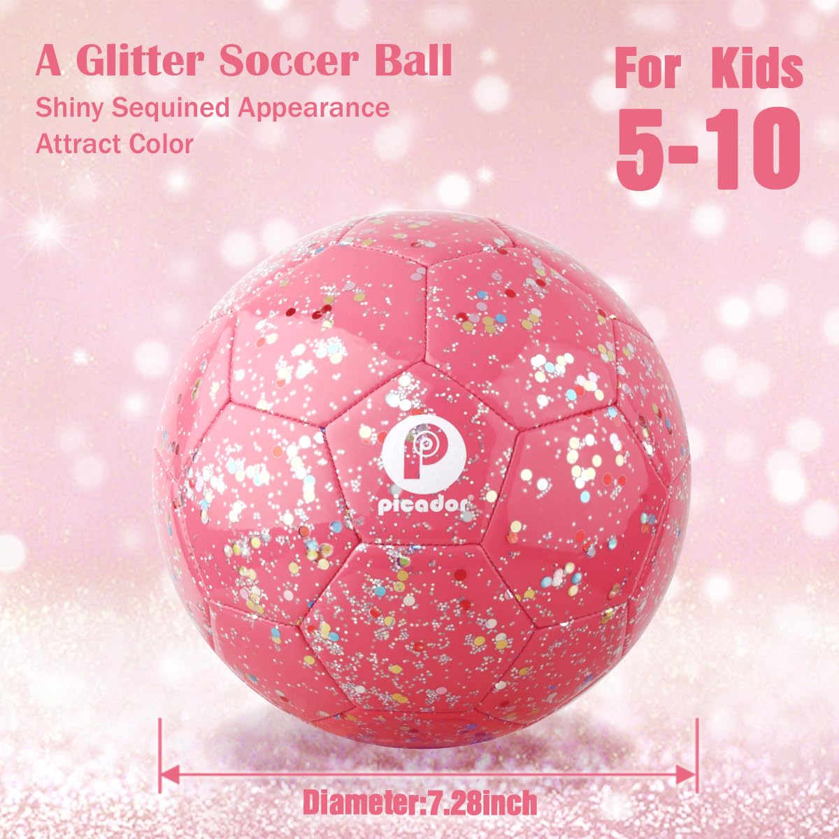 PP PICADOR Size 3 Soccer Ball Glitter Pink Soccer Balls for Kids Ages 3-6 6-8 8-10 Boys Girls Sports Training & Outdoor Play with Pump Gift
