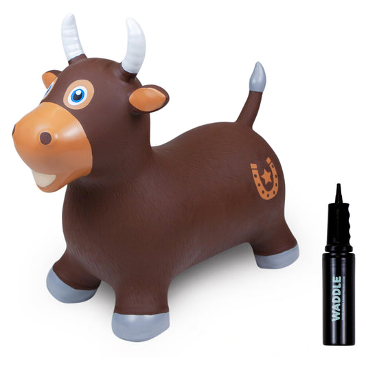 WADDLE Bouncy Hopper Inflatable Hopping Animal, Indoors and Outdoors Toy for Toddlers and Kids, Pump Included, Boys and Girls Ages 2 Years and Up (Brown Bull)