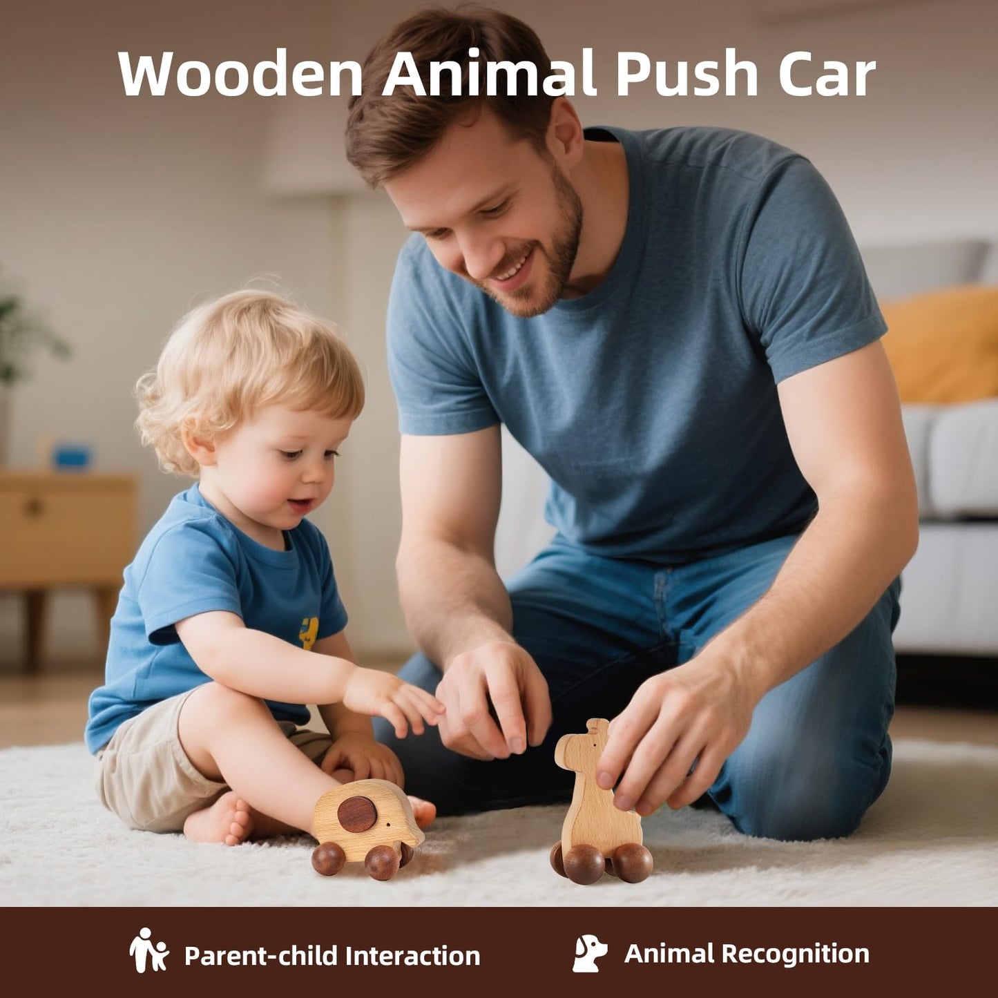 DadCarved Baby Push Car Montessori Toys, 4PCS Wooden Animal Toy Vehicles for Toddlers, Natural Wood Infant Car Toys (Puppy, Elephant, Pony, Giraffe) for Gift and Decor