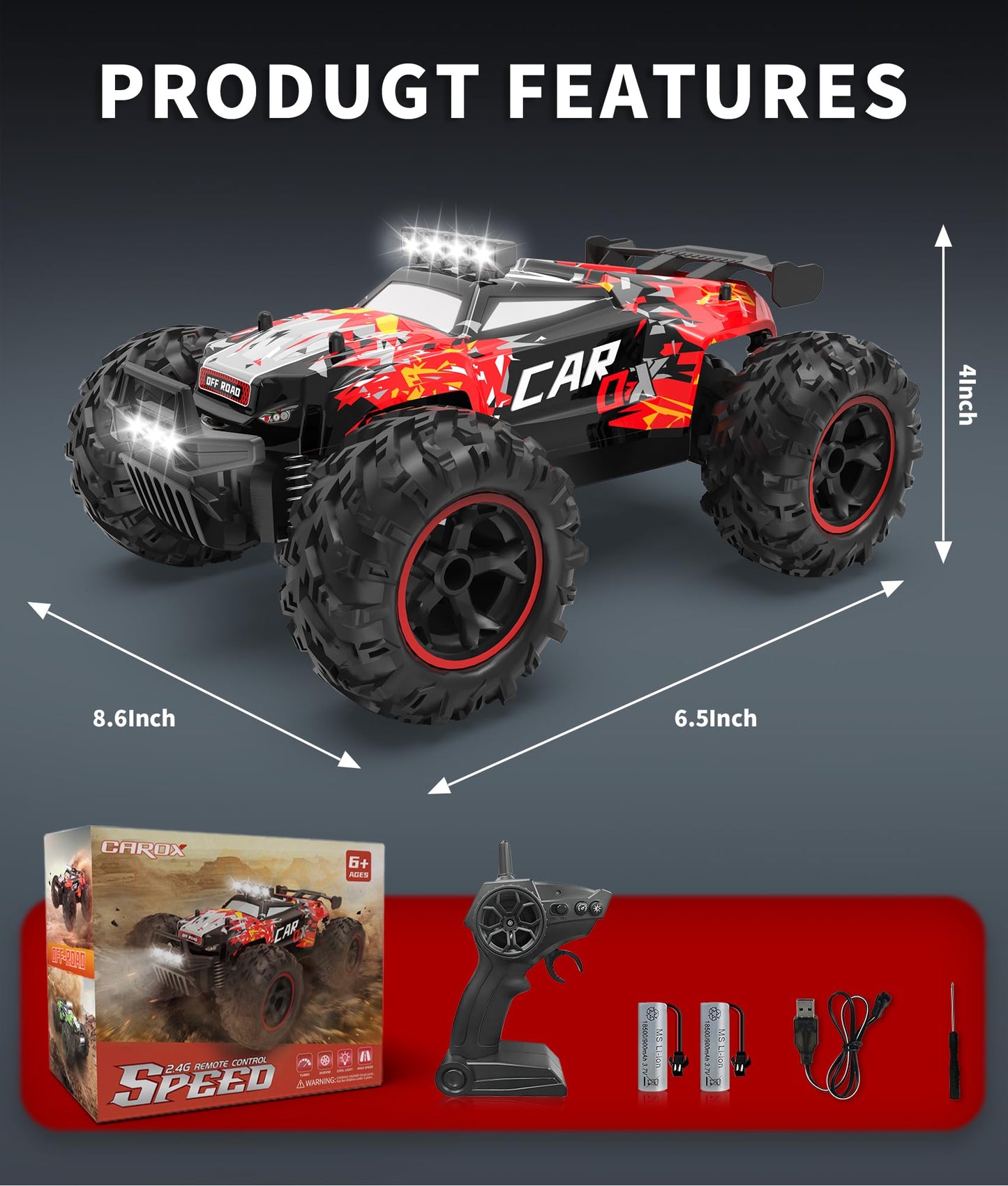 Carox Remote Control Car, 2.4GHz 26KM/H High Speed RC Car, 1:18 Off-Road Monster Truck with LED Lights, Proportional Throttle & 1800mAh Rechargeable Batteries – Ideal Gift for Boys 6+ (RED)