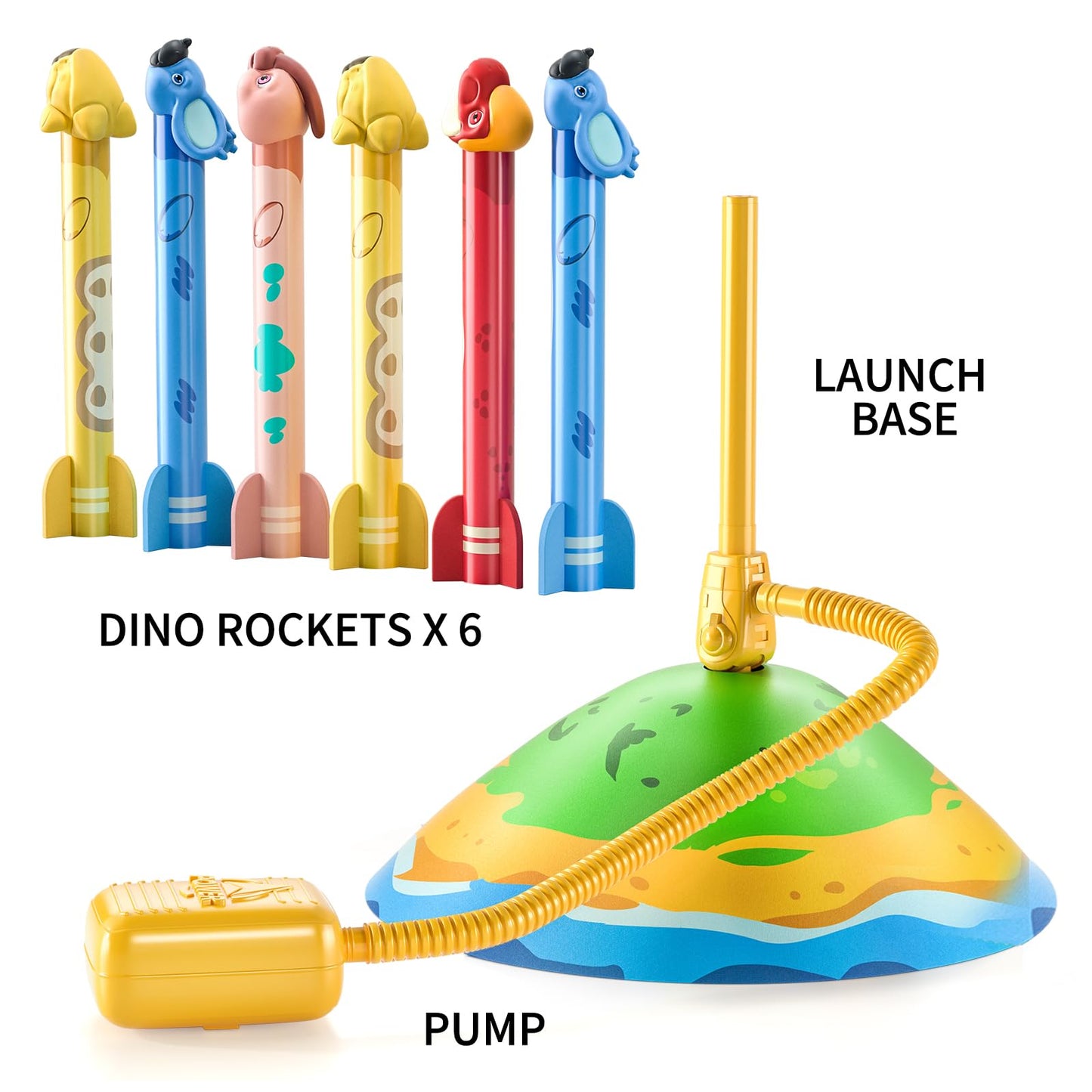 TEMI Dinosaur Rocket Launcher - 6 Dino Rockets, Launch up to 100 ft, Fun Outdoor or Indoor Kids Toy for Boys & Girls Age 3-7, Dinosaur Toy, Birthday Gift for Kids Age 4-8