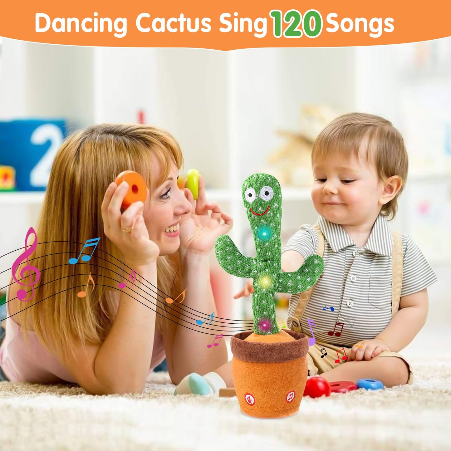 Dancing Cactus Toy for Baby Toddler, Talking Cactus Colorful Glowing Repeating What You Say, Singing Toys 10 Pcs Songs for Baby Gifts