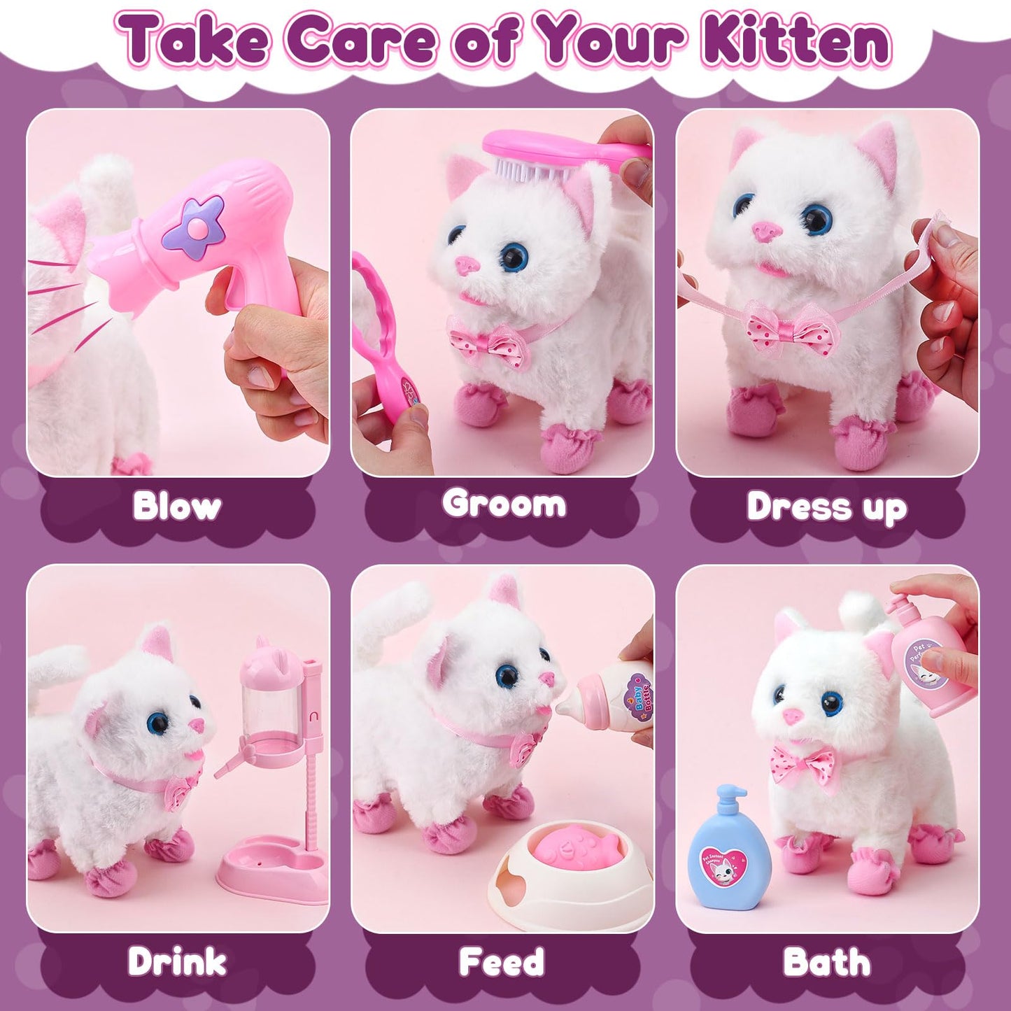 G.C Cat Toys for Kids Girls, Electronic Interactive Stuffed Cat Walk Meow and Wag Tail with Stroller Pet Care Accessories Toys Pretend Play Birthday Gifts for Toddlers Girls 3 4 5 6 7 8 Year Old