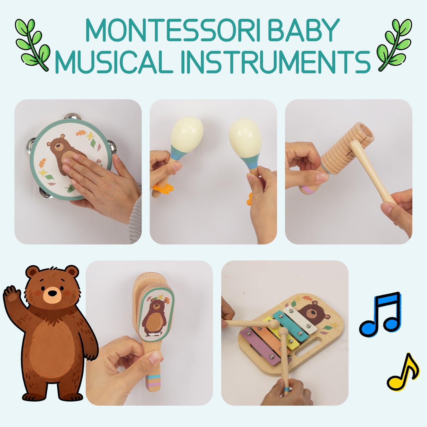 Wooden Musical Instruments Set for Toddlers, Natural Wood Percussion Instruments Xylophone Gift Set for Girls Boys Kids ,Preschool Educational Musical Toys with Storage Bag (Blue Set)