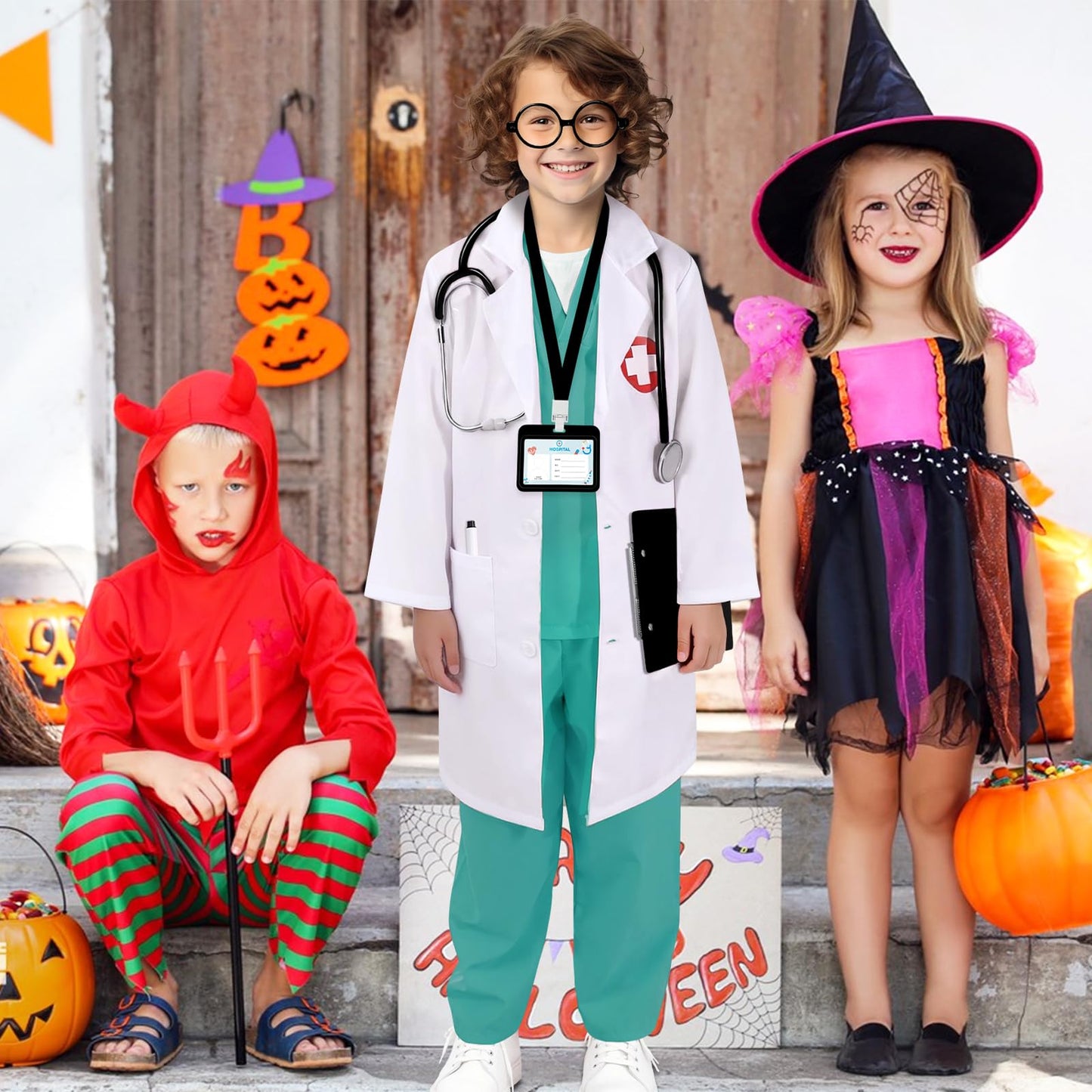 Wuclad 12 PCS Doctor Costume for Kids,Scrubs with White Lab Coat/Nurse Costume for Kids Set,Career Day Costume for Boys Girls (Green, 4-5 Years)