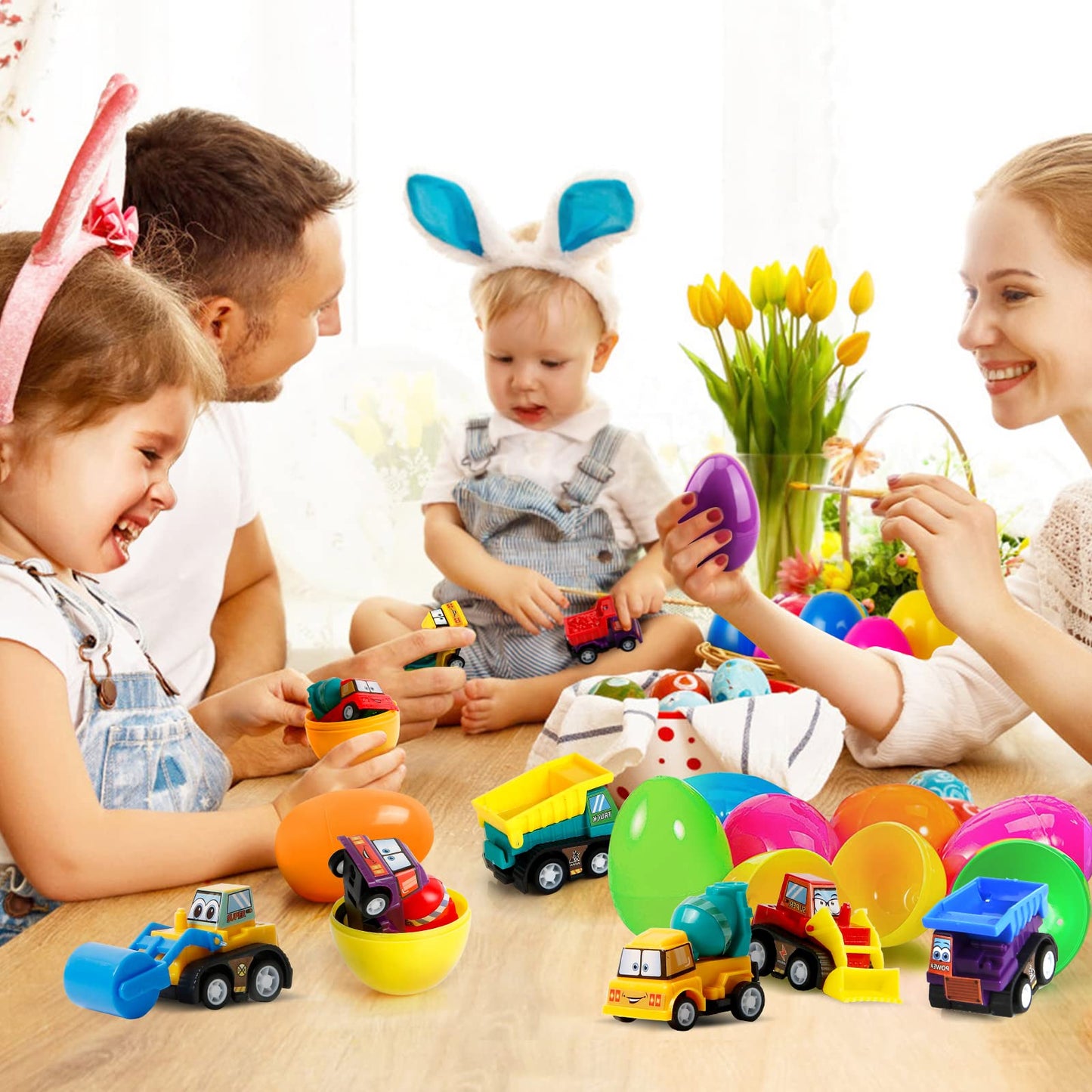 ZenBombs 12 Plastic Easter Eggs Filled with Pull-Back Engineering Toys Gift for Easter Egg Hunt, Birthday Party for Kids Over 3 Years Old