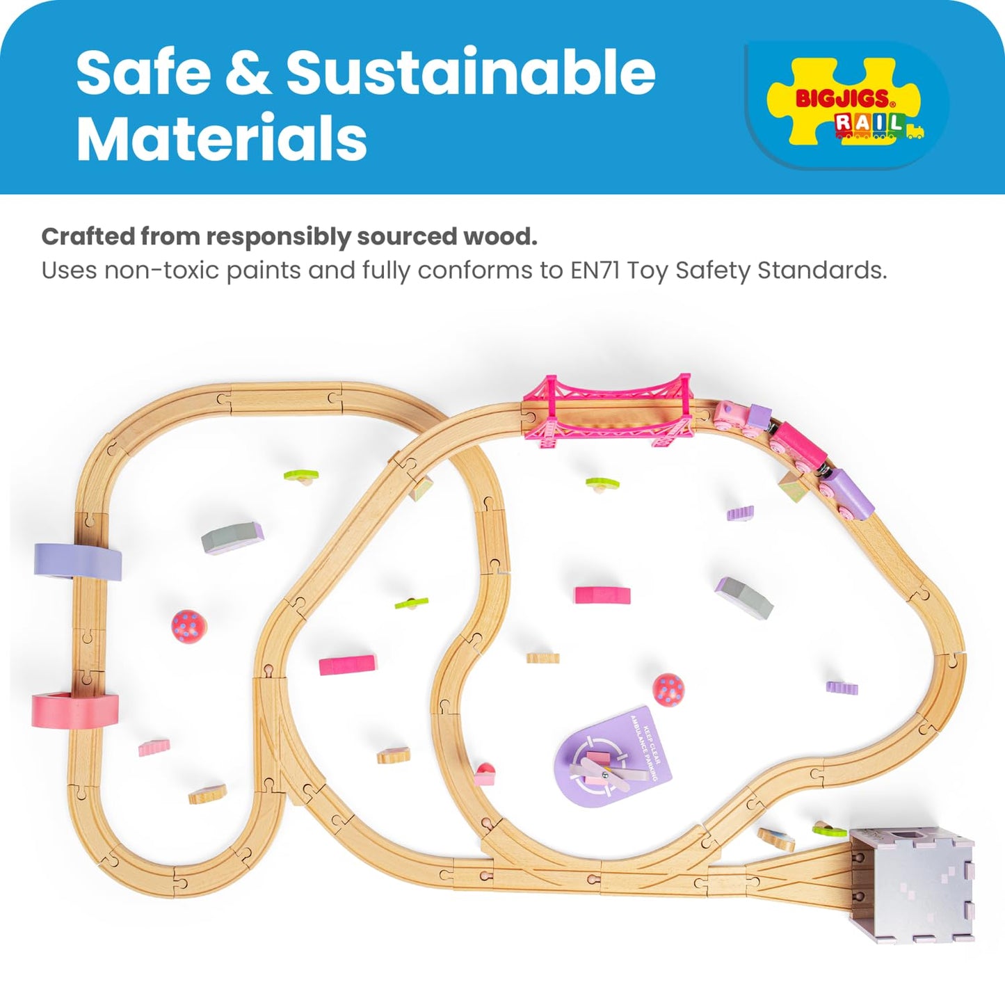 Bigjigs Rail Fairy Town Wooden Train Set | Railway Toy for Kids Age 3+ | Wood Track with Model Fairytale Village | Comes with Pink Wood Accessories & Figures | Educational Gift for Girls and Boys