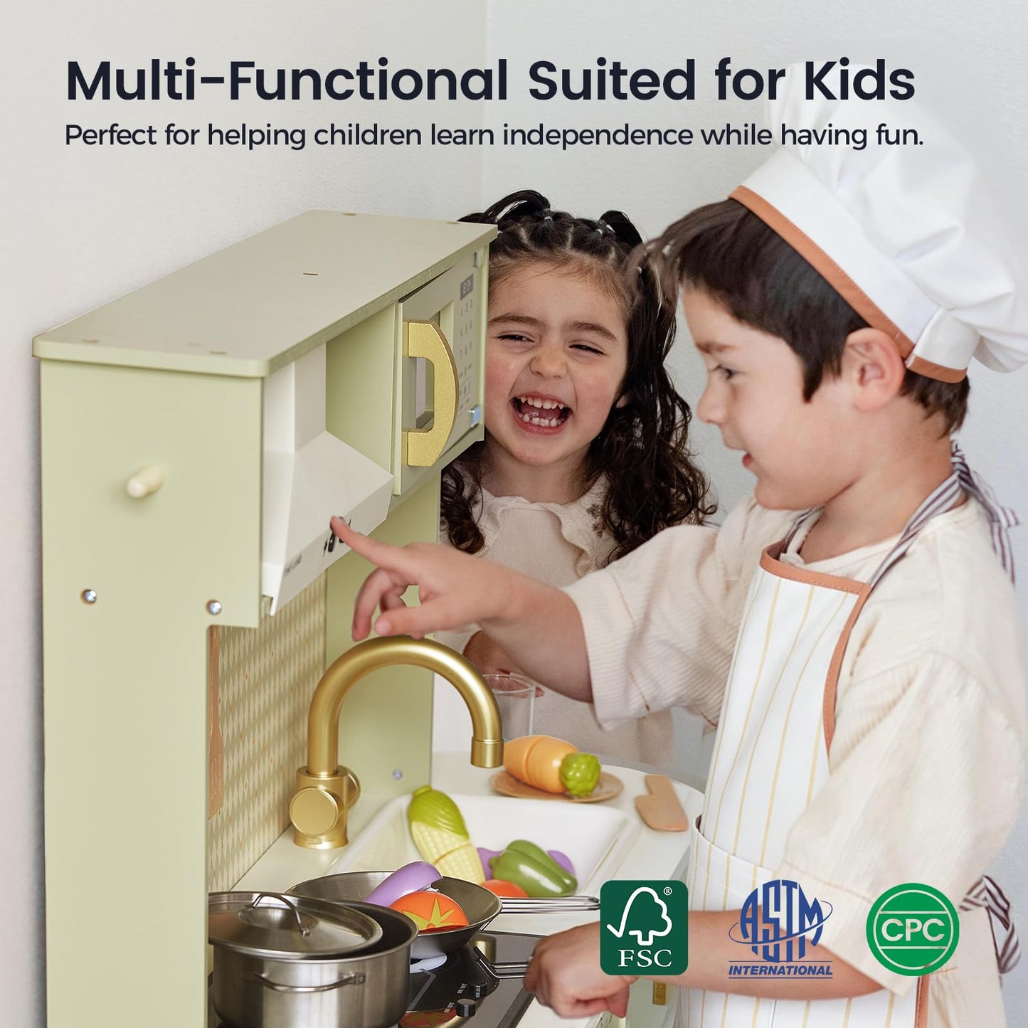 Tiny Land Play Kitchen for Kids, Wooden Farmhouse Kitchen Playset Chef Pretend Play Set for Toddlers w/Real Lights & Sounds, Toys Kitchen with 18 Pcs Toy Food & Cookware Accessories, Sage Green