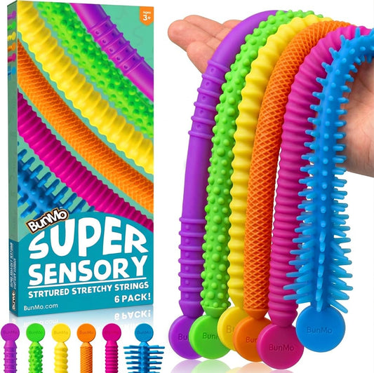 BunMo Silicone Stretchy Strings Sensory Toy – 6 Pack Fidget Worm Toy Set | Sensory Noodles for Kids | Bright, Textured, Fun Stretchy Noodles Fidget Toy for Tactile Play | Worm Toys for Fall Fun