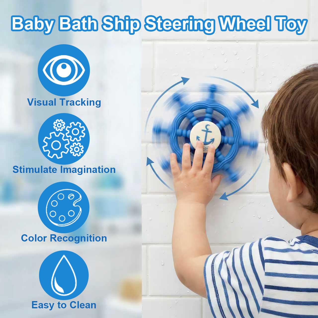 Baby Suction Spinner Toys for Bathtub, Silicone Toddler Bath & High Chair Toys for 1 Year Old Boy/Girl Birthday Gift, Interactive Ship Steering Wheel InfantToy for Car Window Travel-Blue