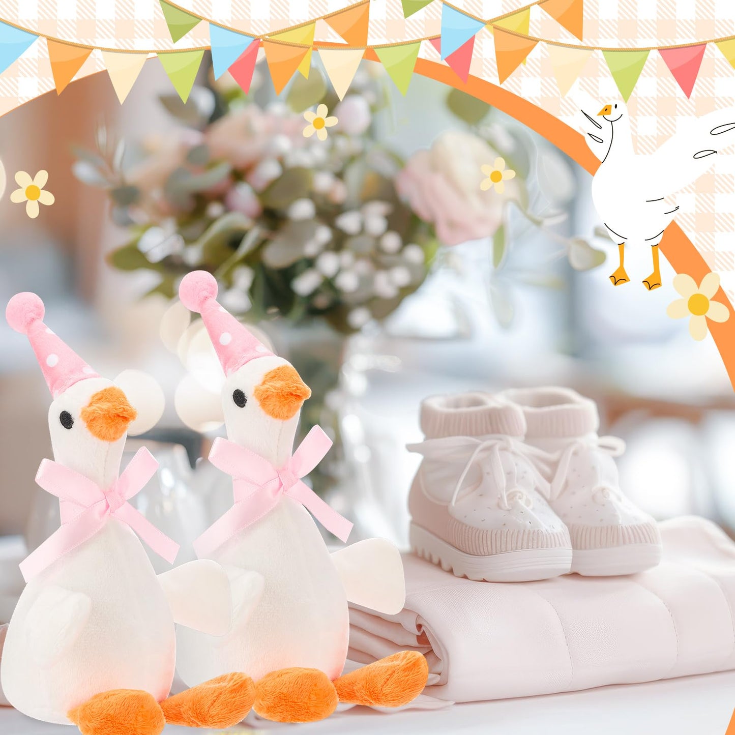 Vertintong 24 Pcs Silly Goose Plush Stuffed Animal Toy Birthday Decorations 8 inch One Silly Goose Baby Shower Party Favor Duck Stuffed Animal with Birthday Hat for Girls Funny Party Supplies (Pink)