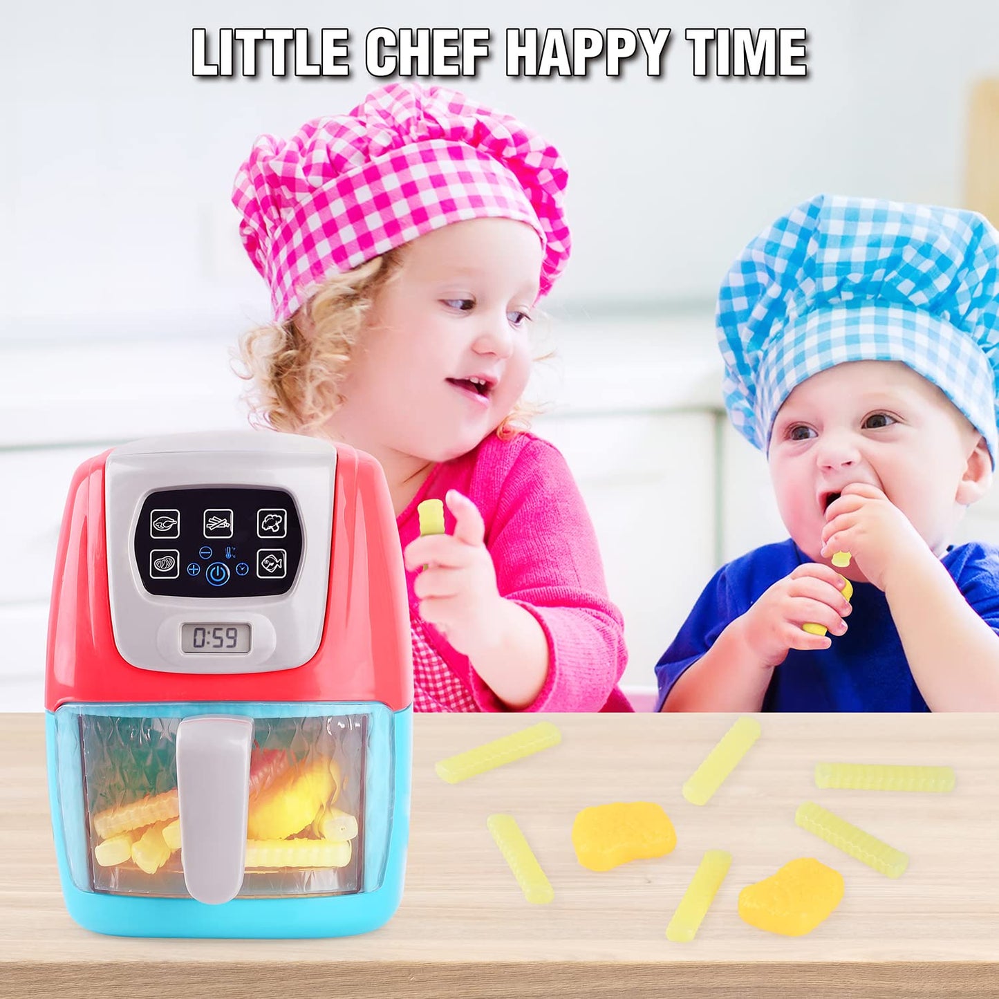Toy Air Fryer for Kids, Kids Play Kitchen Playset Accessories, Chefs Pretend Kitchen Appliance Toys Oven w/Light, Sound, Play Food Grill Cooking Utensils for Boys Girls Toddlers 2+