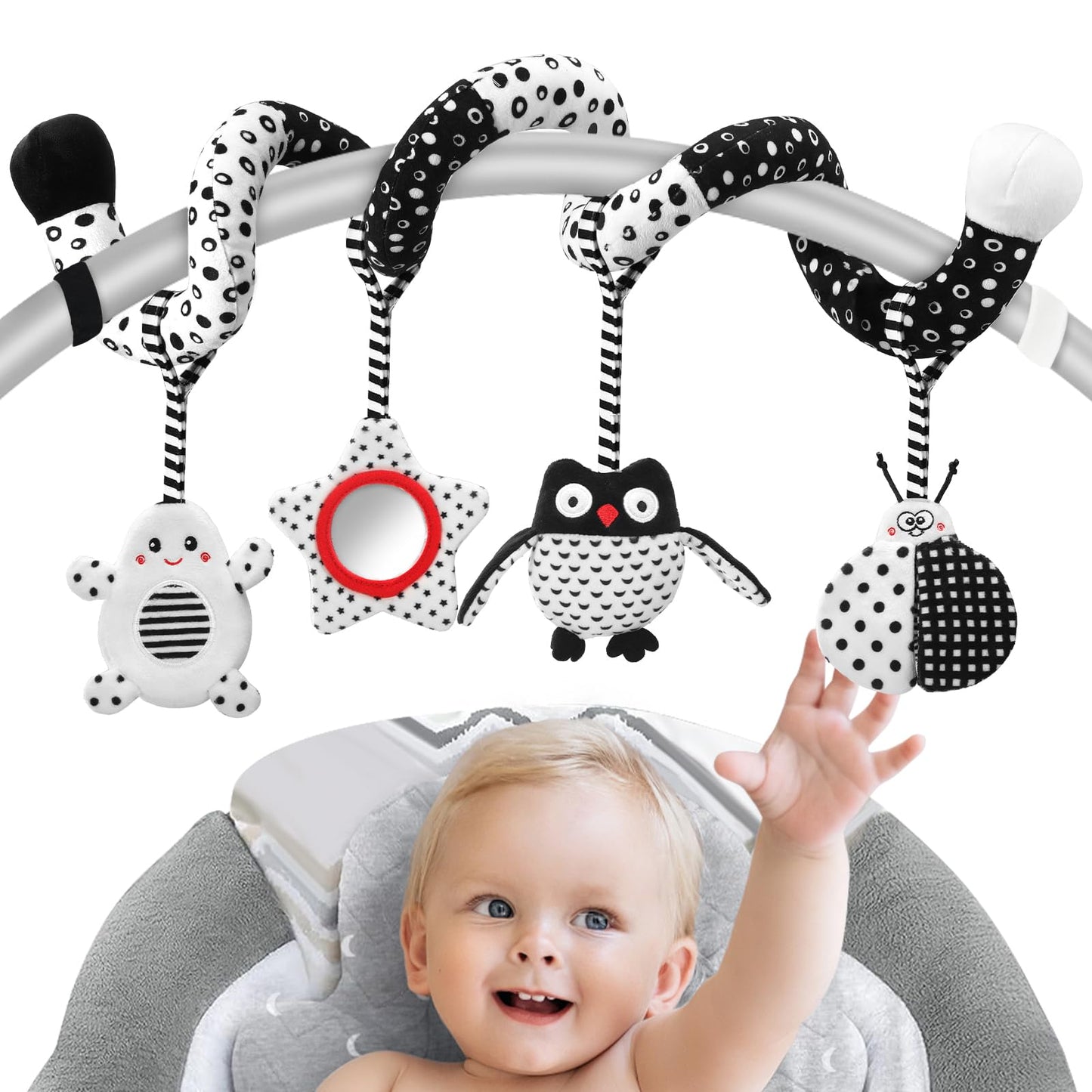 AJsupojouet High Contrast Baby Toys - Black & White Hanging Toys for Car Seat, Stroller & Crib | Newborn Essentials 0-6 Months | Perfect