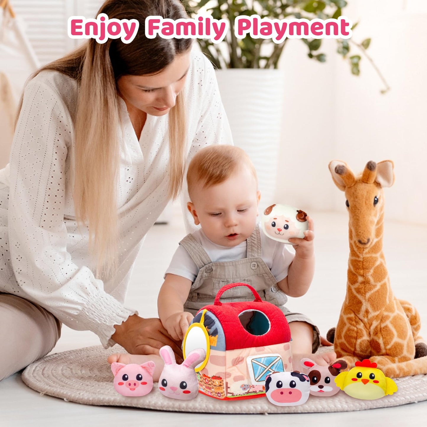 PADONISE Baby Toys 6-12 Months, Montessori Sensory Newborn Toys, Stuffed Farm Animals with Rattle, Mirror, Crinkle Paper, Gift for 6-12 12-18 Months 1-3 Year Old Toddlers Boys Halloween Girls
