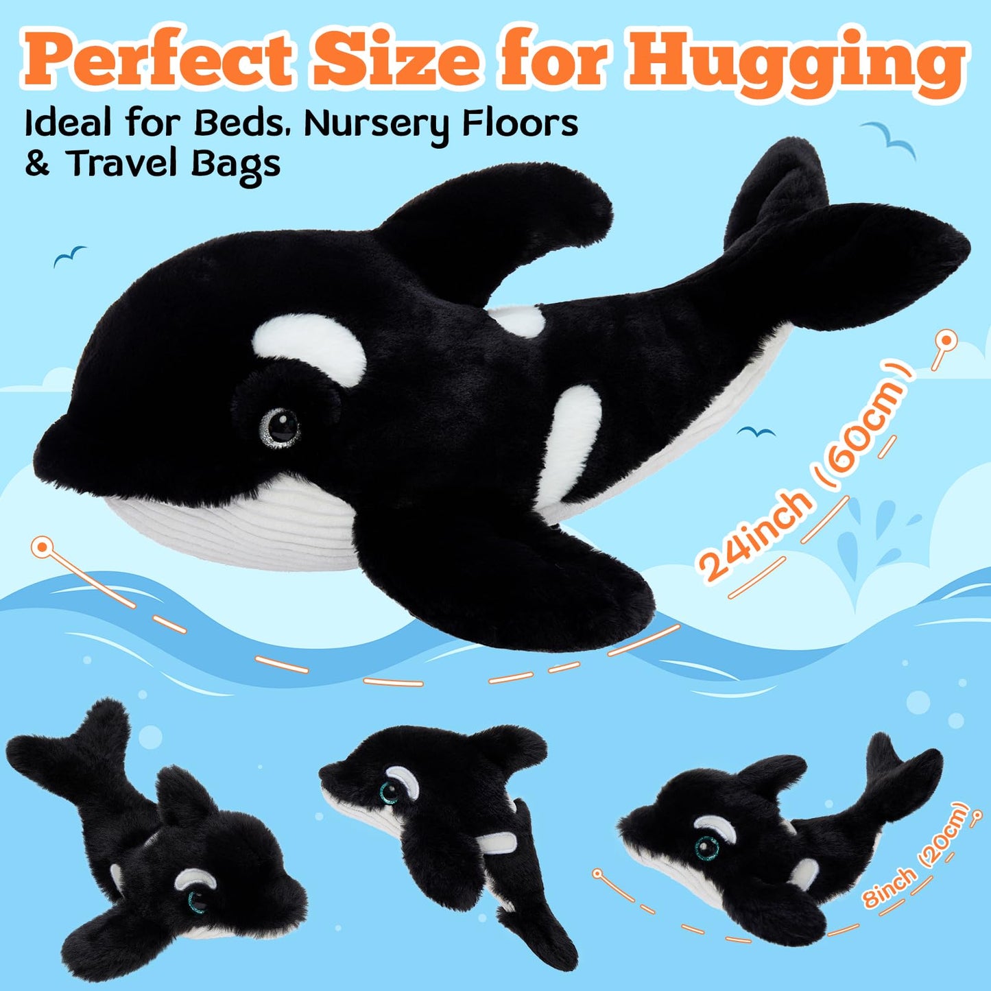 Tezituor Large Orca Stuffed Animal with 3 Babies Glow in The Dark, 23.6" Huggable Killer Whale Plush Toy Realistic Soft Ocean Animal Plushies Birthday Gifts for Boys Girls