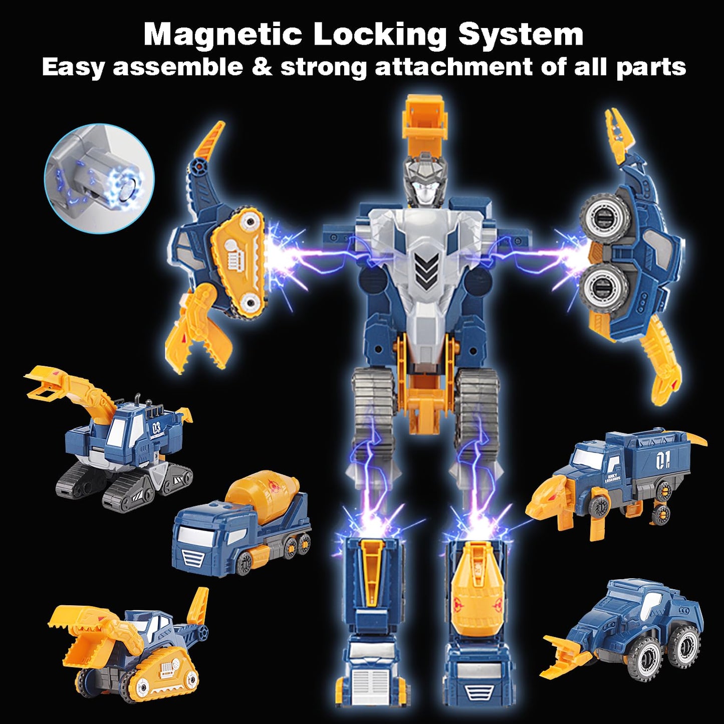 Construction Trucks Toy Dinosaur Vehicles Magnetic Set, 5-in-1 Educational STEM Building Car Kit, Transform to Big Robot, Holiday Present Birthday Gift for Toddler Kid 3 4 5 6 7 Year Old Boys Girls
