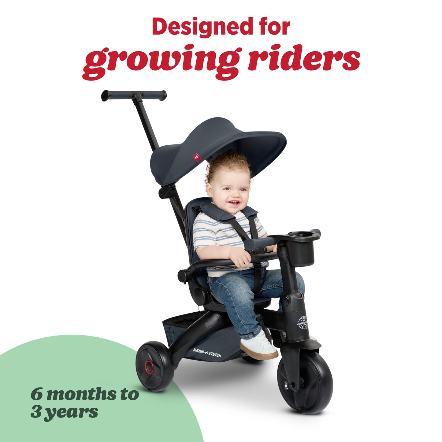 Radio Flyer Coast Folding Stroller Trike, for Kids 6 Months-3 Years, Lightweight, Compact, 4 Riding Modes, UV Canopy, 5Point Harness, Safety Bar, Cup Holder, Storage, Stroller Tricycle for Toddlers