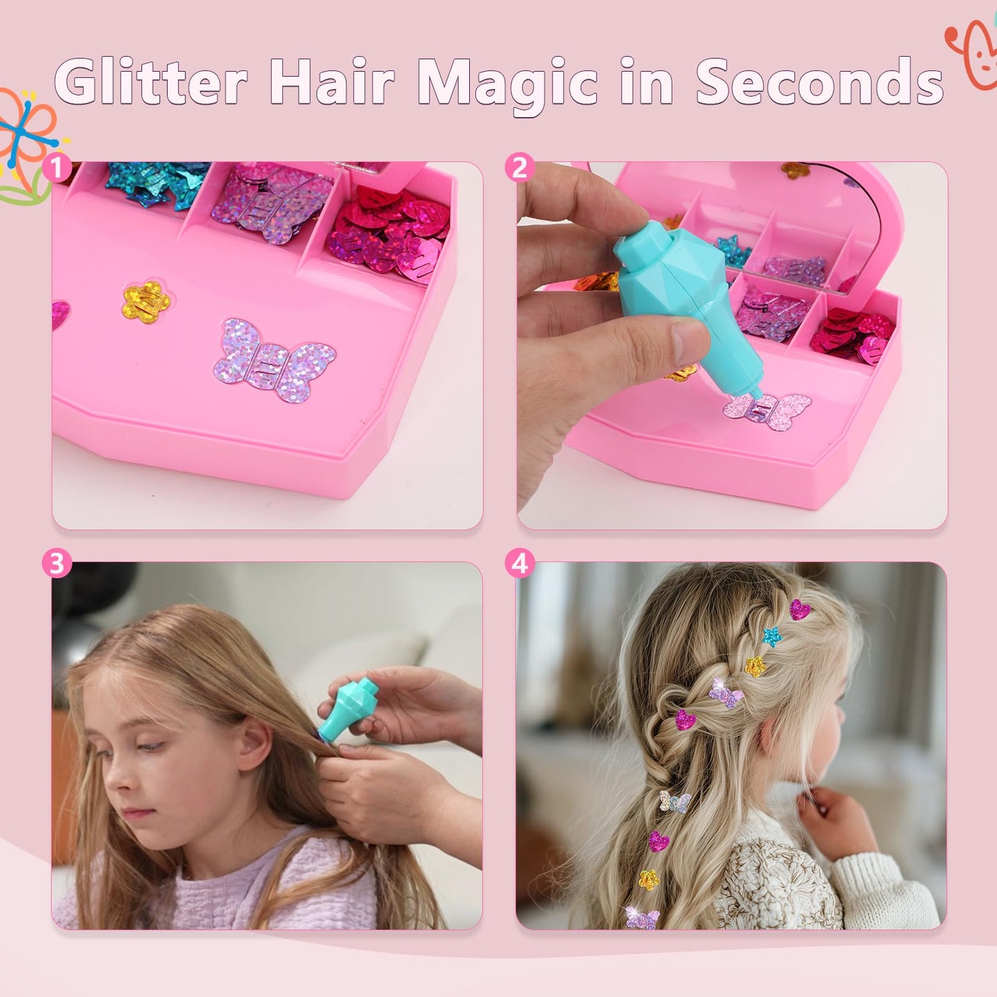 WooWee Hair Gem Stamper Kit, Sparkling Hair Jewels Styling Tool for Girls, Creative DIY Hair Art Crafts with Glitter Sequins, Birthday Party Gifts Toys for Girls Ages 3-12 Years Old