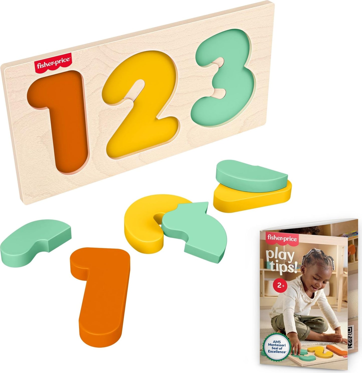 Fisher-Price Wood Montessori Toy 1-2-3 Puzzle, American Montessori Society Seal of Excellence, 6-Piece Wooden Learning Activity & Expert Play Tips for Toddlers & Kids Ages 2+ Years (Amazon Exclusive)
