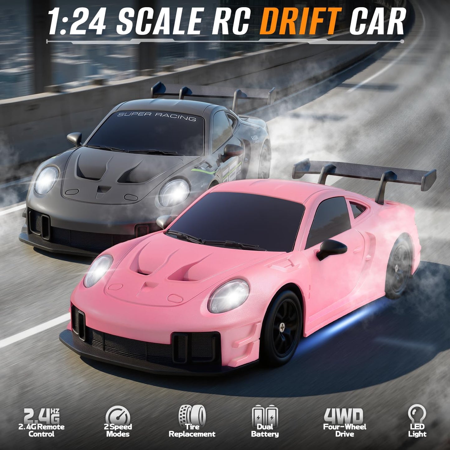 Aka Supaku RC Drift Car, 1:24 4WD Remote Control Cars Vehicle with LED Light,2.4GHz 20KM/H High Speed RC Cars with Two Batteries & Drifting Tires Racing Sport Toy for Adults Boys Girls Kids Pink