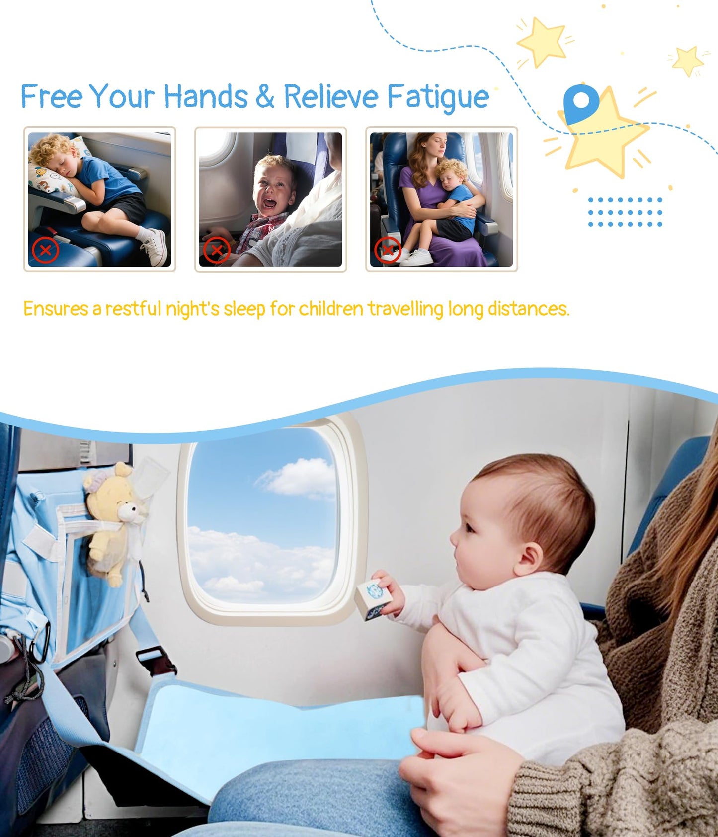Toddler Airplane Bed, Toddler Travel Bed Airplane Seat Extender for Kids, Plane Tray Cover with Built-in Holder, Baby Travel Essentials for Flying, Portable Plane Footrest for Kids Blue