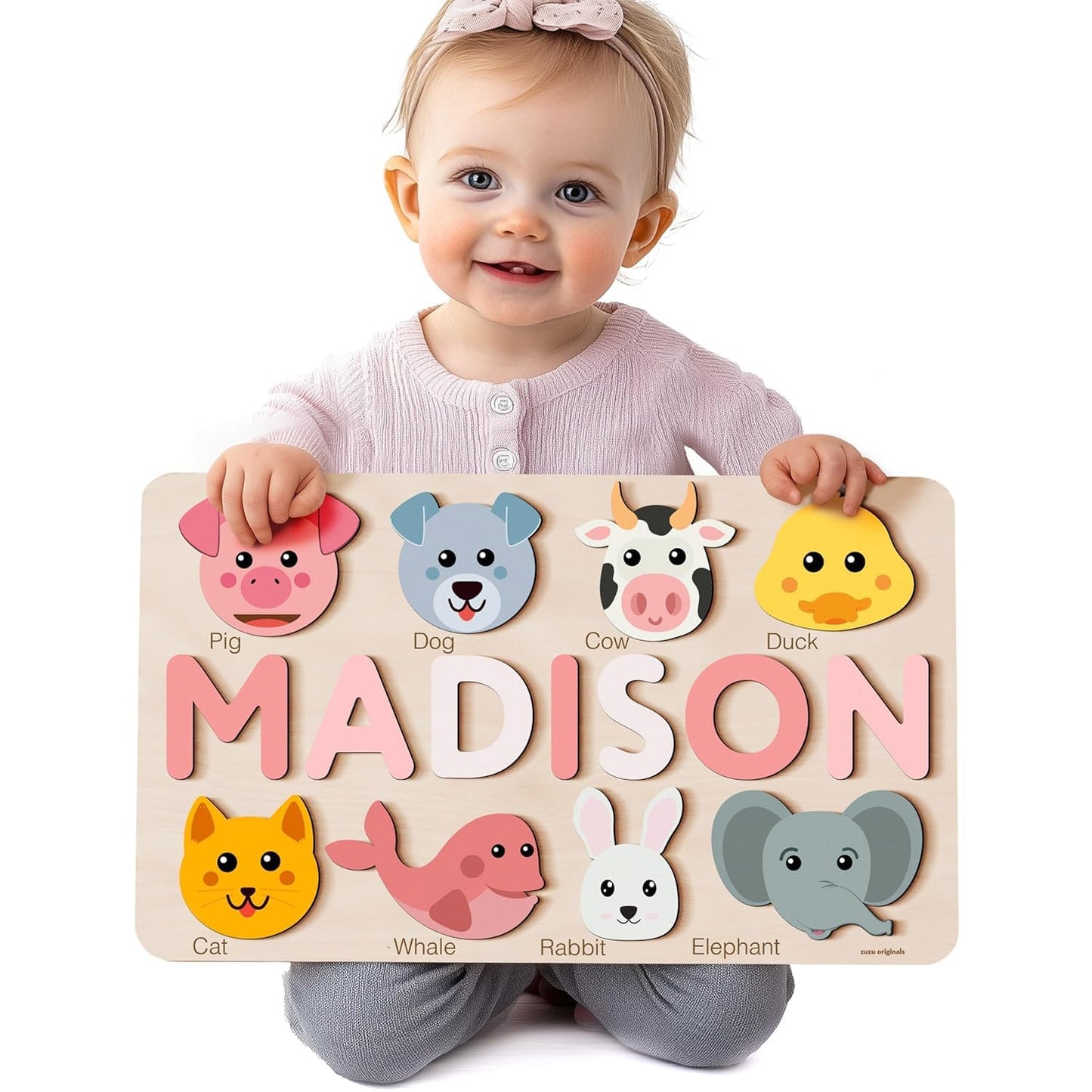 Zuzu Puzzle Personalized Name Puzzle for Toddlers 1-3 | Safari, Farm & 12 Themes | Handmade Wooden Montessori Toy, Keepsake Nursery Decor & Perfect 1st Birthday Gift for Boy Girl