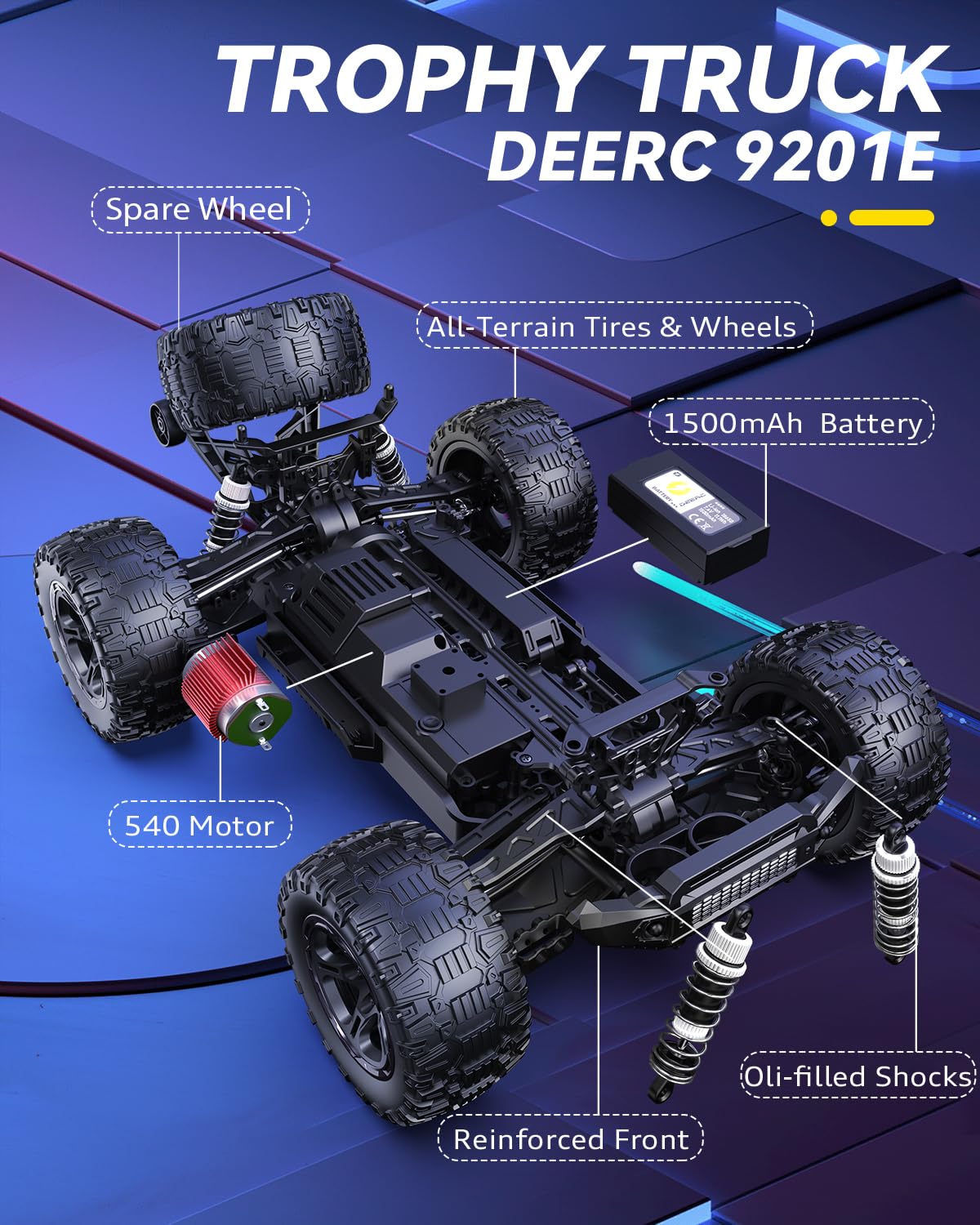 DEERC 9201E 1:10 Large Remote Control Truck with Lights, Fast Short Course RC Car, 48 km/h 4x4 Off-Road Hobby Grade Toy Monster Crawler Electric Vehicle with 2 Rechargeable Batteries for Adult Kid Boy