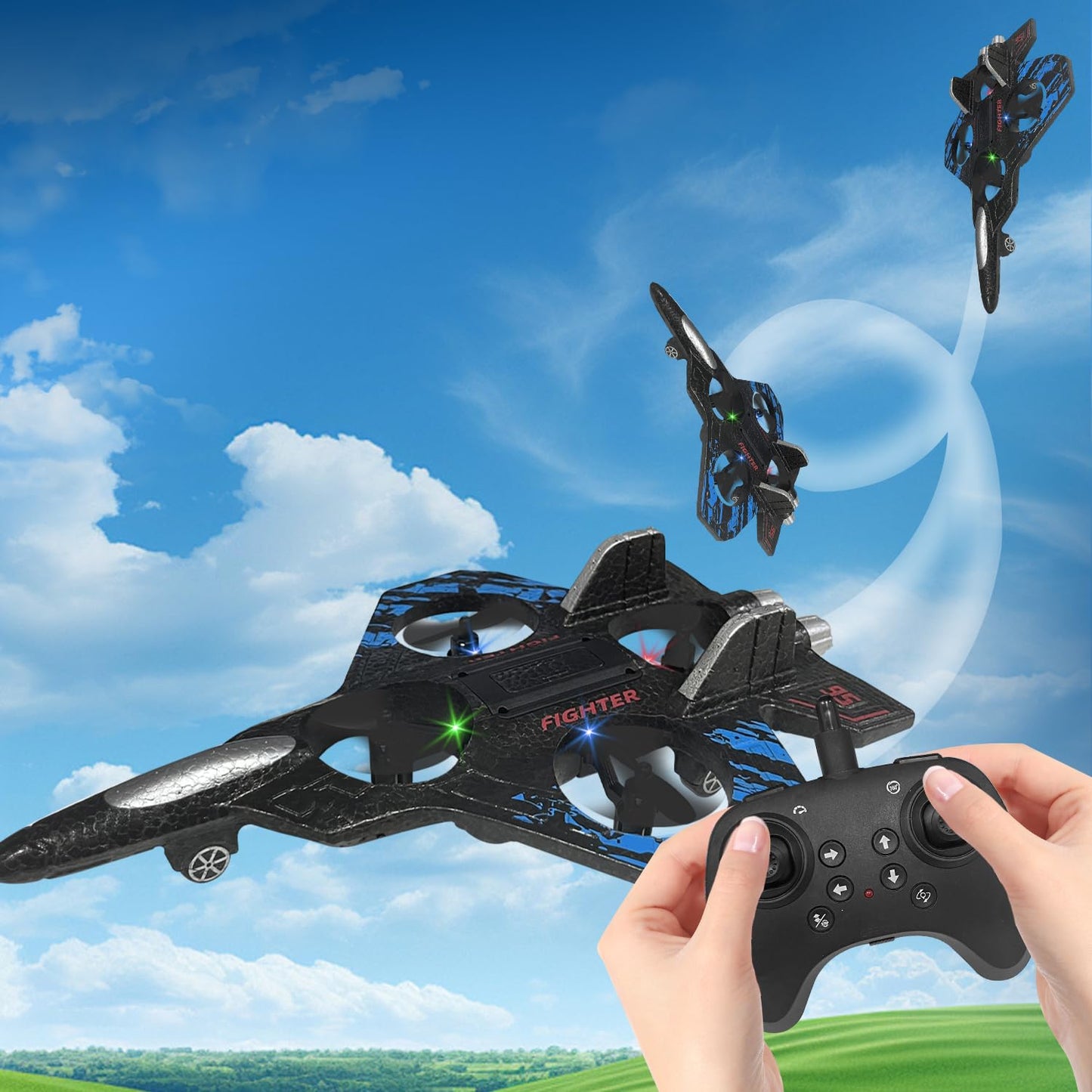 RC Airplane for Kids and Beginners, 2.4GHz Form Drone Remote Control Airplane with 2 Batteries, 360° Drop-Resistant Stunt Spin Remote Fighter Jet with Lights Outdoor Flying Toy (Blue)