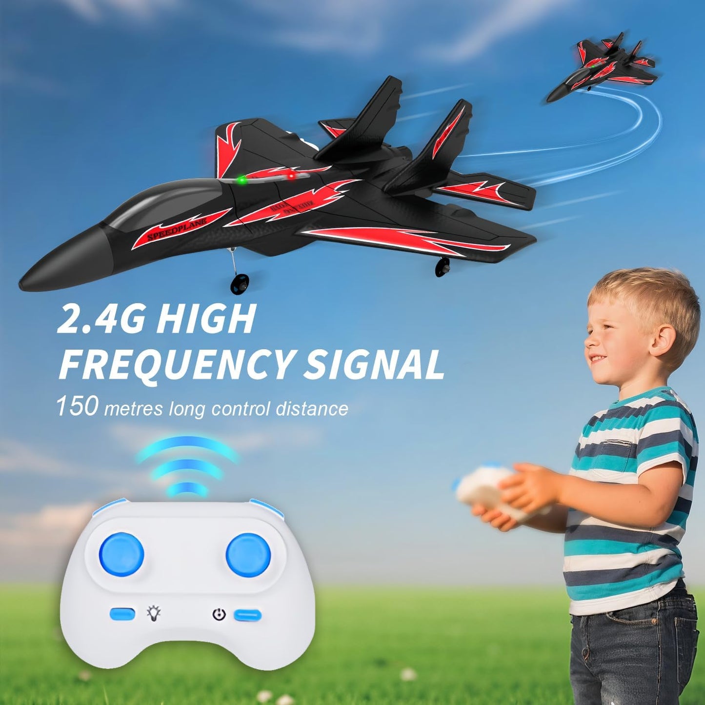 QFCST Foam Remote Control Wireless Airplanes RC Planes, Remote Control Fighter Toys, 2CH 2.4Ghz RC Fighter Jet with Light, Hobby Rc Airplanes Easy to Fly for Kids Boys Adults(Blue)