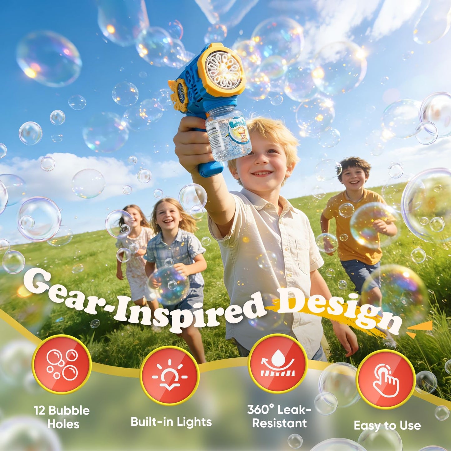 Bubble Gun for Kids with Lights, Automatic Bubble Blower Toy, Leak-Resistant Bubble Bottle, Bubble Guns for Kids Ages 3+, Fun Outdoor Bubble Guns for Parties, Backyard, Birthday Gifts, 2pcs Red+Blue