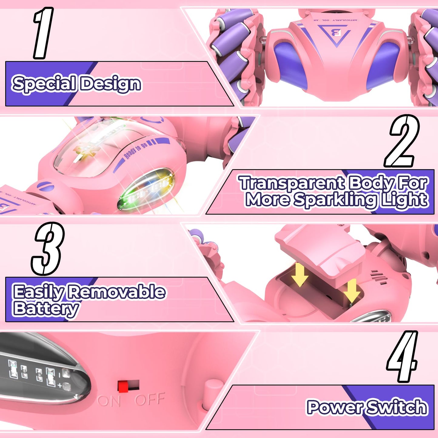 Fosgoit Pink Remote Control Car Toys Gifts for Girls 6-12, with Light & Music & Spray, 2.4Ghz 4WD Double-Sided 360° Rotating Gesture Sensing RC Stunt Car, Birthday for Girls Kids