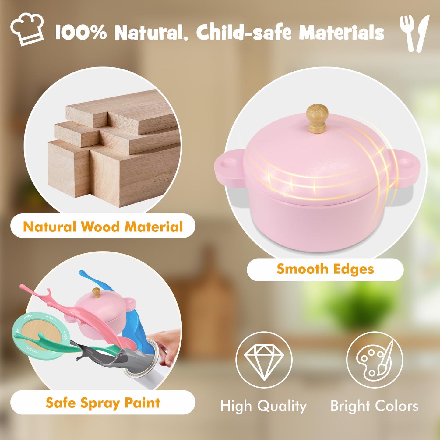 SimpliPlay Wooden Toy Plates and Dishes for Kitchen Set, 30PCS Montessori Play Kitchen Accessories for Toddlers with Toy Pots and Pans, Wooden Play Cooking Set for 3-8 Years Girls & Boys