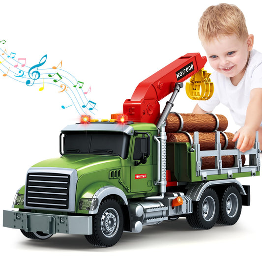 Bstoyder Kids Toys for 3 4 5 6 7 8 Years Old Boys, 15" Farm Logging Truck Toy with Loading Crane and 6 Trunks, Lights, Sounds, Toddler Friction Powered Truck Vehicle Toy for Boys Girls Birthday Gifts