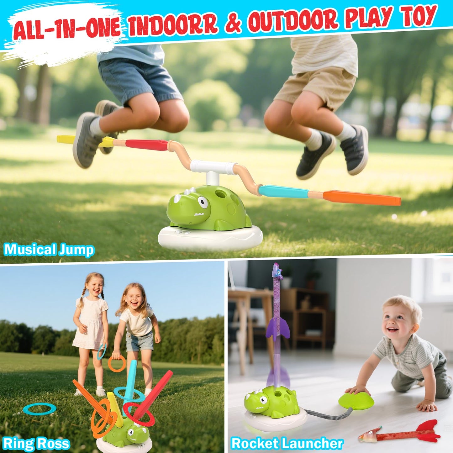 Dinosaur Rocket Launcher for Kids - 3 in 1 Outdoor Toys for Kids Ages 4-8: Stomp Rockets, Musical Jumping & Ring Toss Games with Remote Control - Outside Toys for 3-8 Year Old Boys Girls Birthday Gift