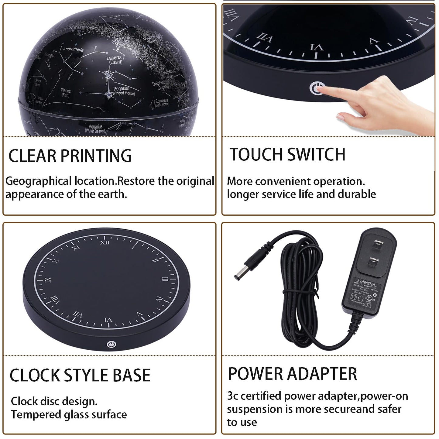 WUPYI Levitating Globe Magnetic Floating Globe Night Light Constellation Ball with LED Light Display Cool Tech Children Educational Gift Home Office Desk Decor (Black-Clock Base)