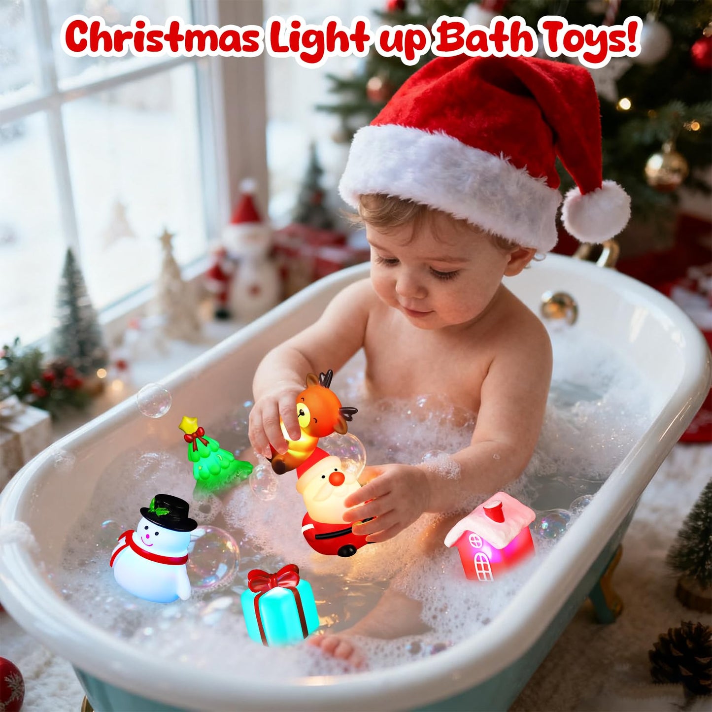 ANGGIKO 6 Pcs Christmas Light Up Bath Toys, Christmas Theme Flashing Light Bathtub Toys, LED Floating Bath Toy for Toddlers, Baby Shower Toys for Infants Kids, Christmas Birthday Gifts