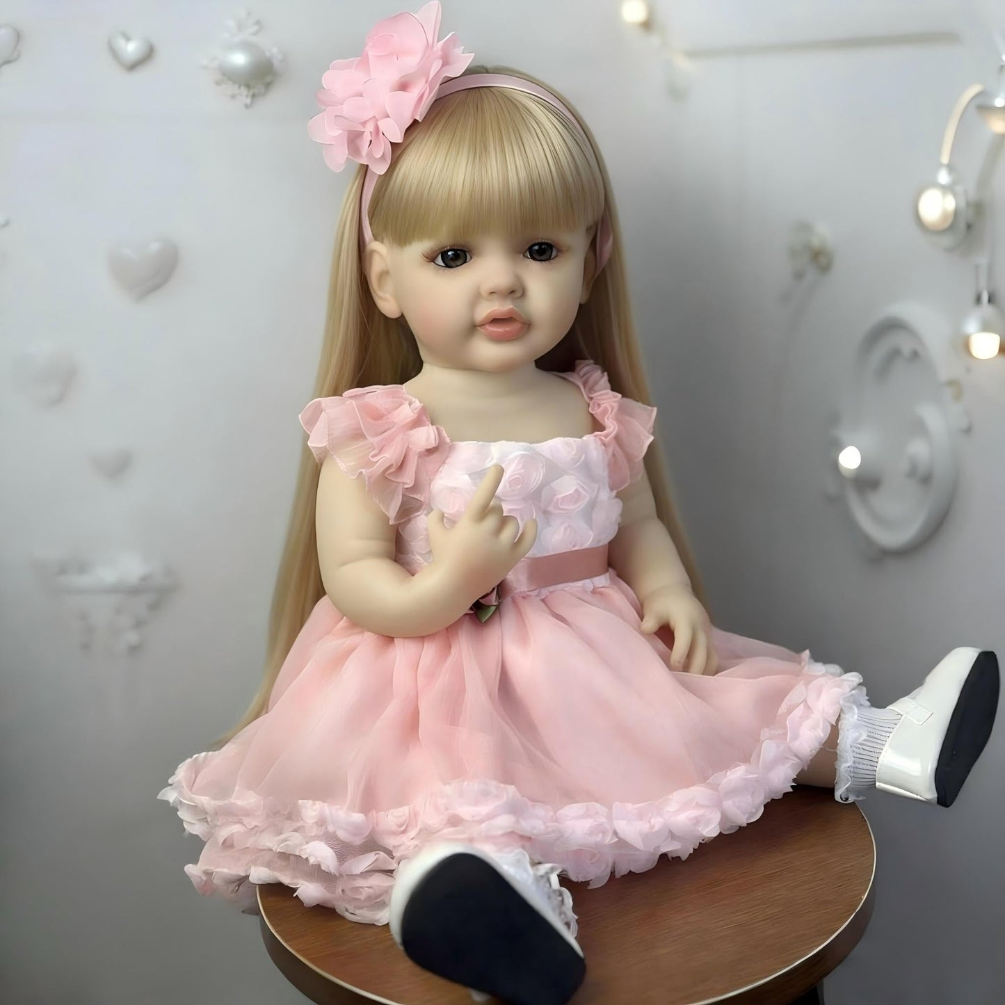 Pinky Lovely 22inch 55cm Reborn Baby Dolls Girl Real Life Full Body Soft Vinyl Newborn Baby Dolls Realistic Look Long Hair Princess Baby Doll Toy for Ages 3+