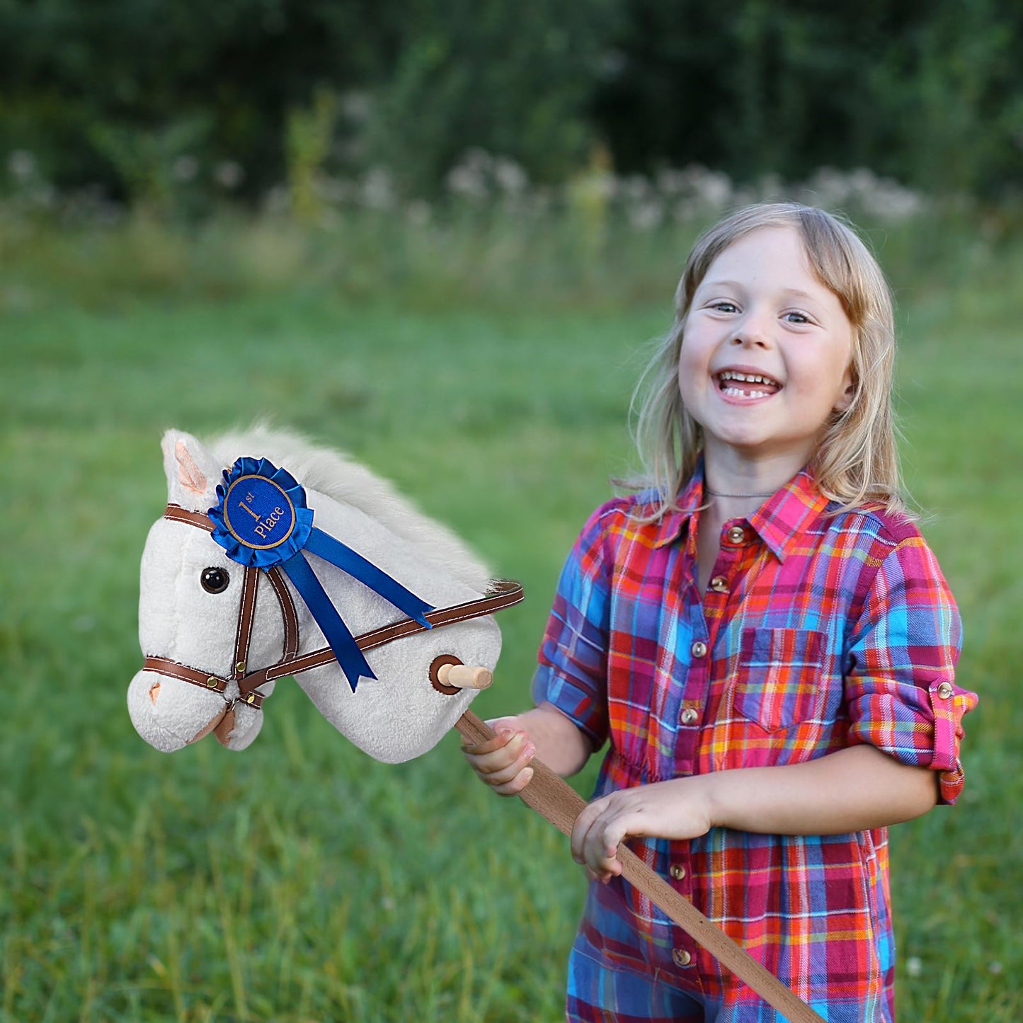 HollyHOME Stick Horse Plush with Detachable Blue Ribbon Champion Hobby Horse on Stick with Wood Wheels Real Pony Neighing and Galloping Sounds for Kids Toddlers White 36 Inches(AA Batteries Required)