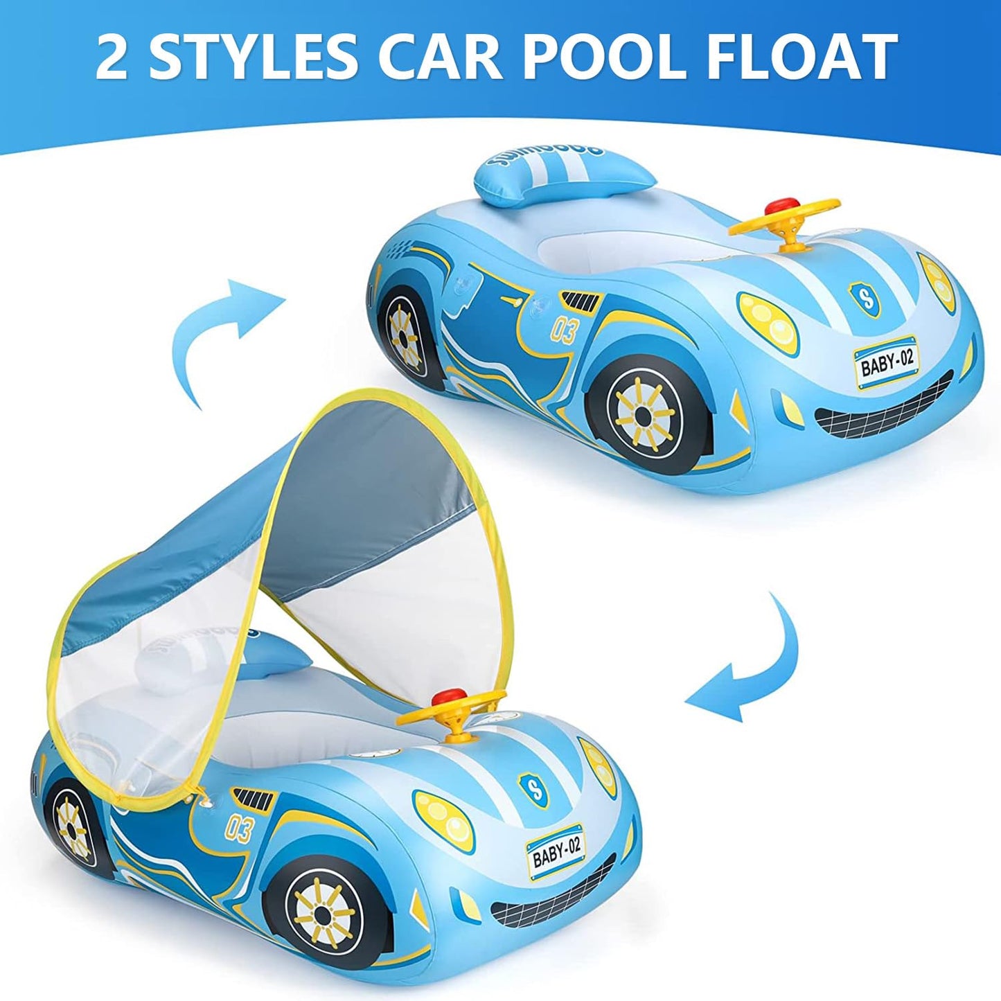 Baby Pool Float with Canopy, PVC Baby Swim Float with Sun Shade Cover, 3D Car Toddler Pool Float Swimming Floats Seat Boat for 12-18, 12-24 Months, Age 2-3, 3+ Years (Blue Canopy)