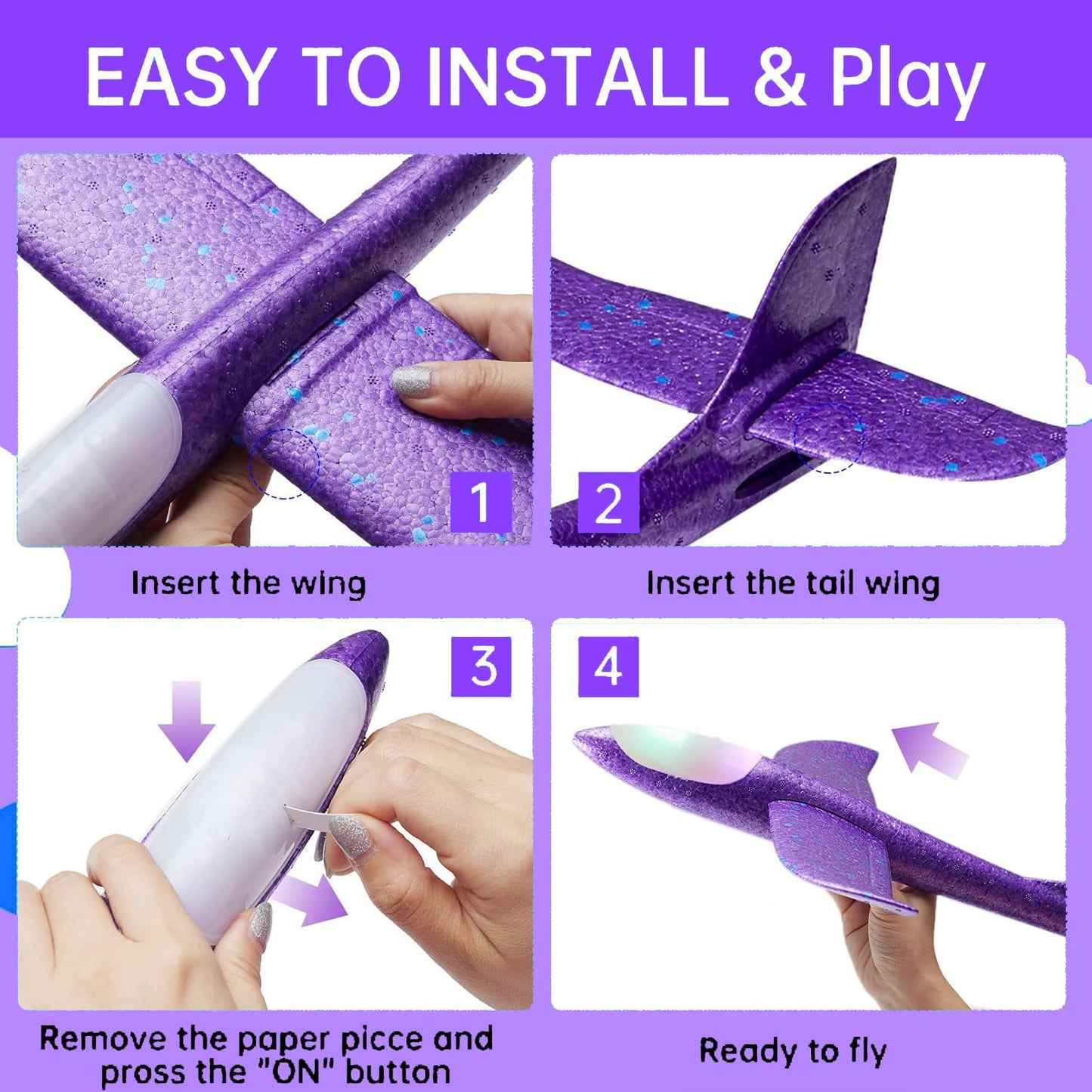 Tivcck 4 Pack LED Light Airplane Toys,17.5" Large Throwing Foam Plane,LED Foam Glider Planes,2 Flight Mode Glider Planes,Airplane Flying Toys for Kids Birthday Gift Outdoor Sport