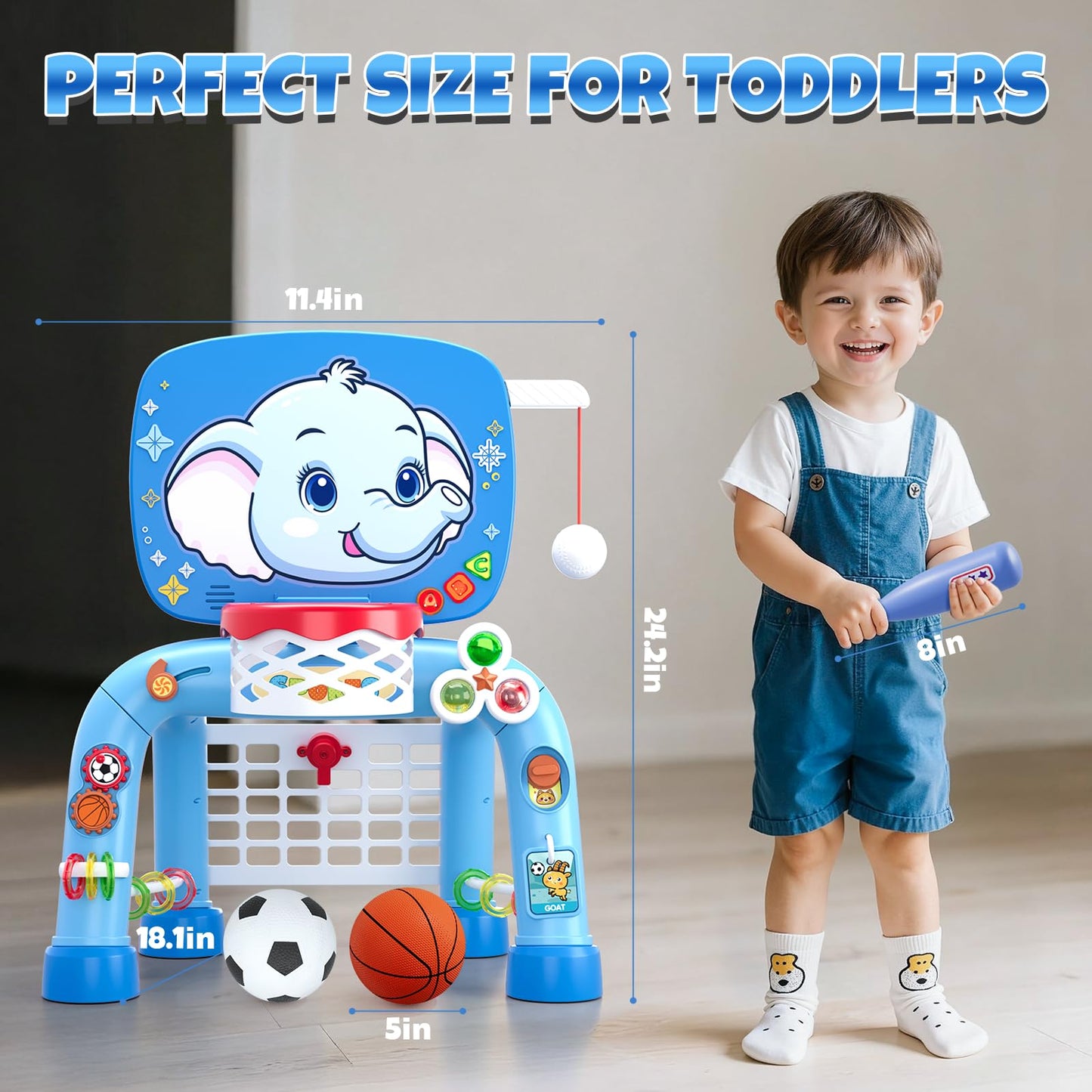 Wee Wonders Toddler Basketball Hoop & Soccer Goal Tball Set, Kids Sport Toys with Light & Sound, Musical Activity Center Toys for 1 2 3 Years Old Boys, Christmas Birthday Gifts for Baby 12-18 Months