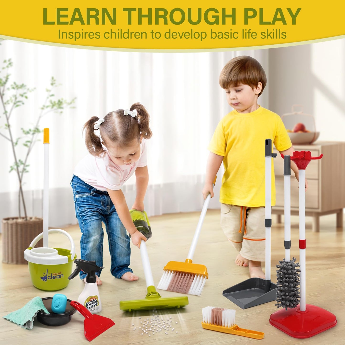 Dreamon Toddler Cleaning Set - 14Pcs Kids Cleaning Toy Set with 2-in-1 Kids Vacuum that Really Works, Pretend Home Cleaning Play Set for Toddler Age 3-7, Christmas Birthday Gift for Girls Boys（Red）